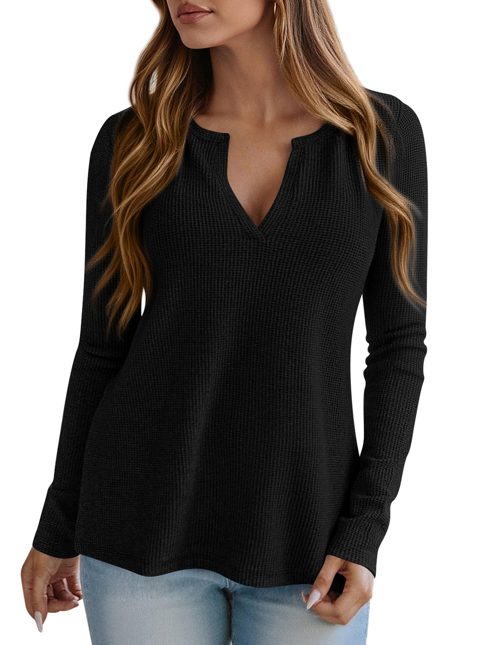 Long Sleeve Shirts for Women Waffle Knit Tops,Black,S