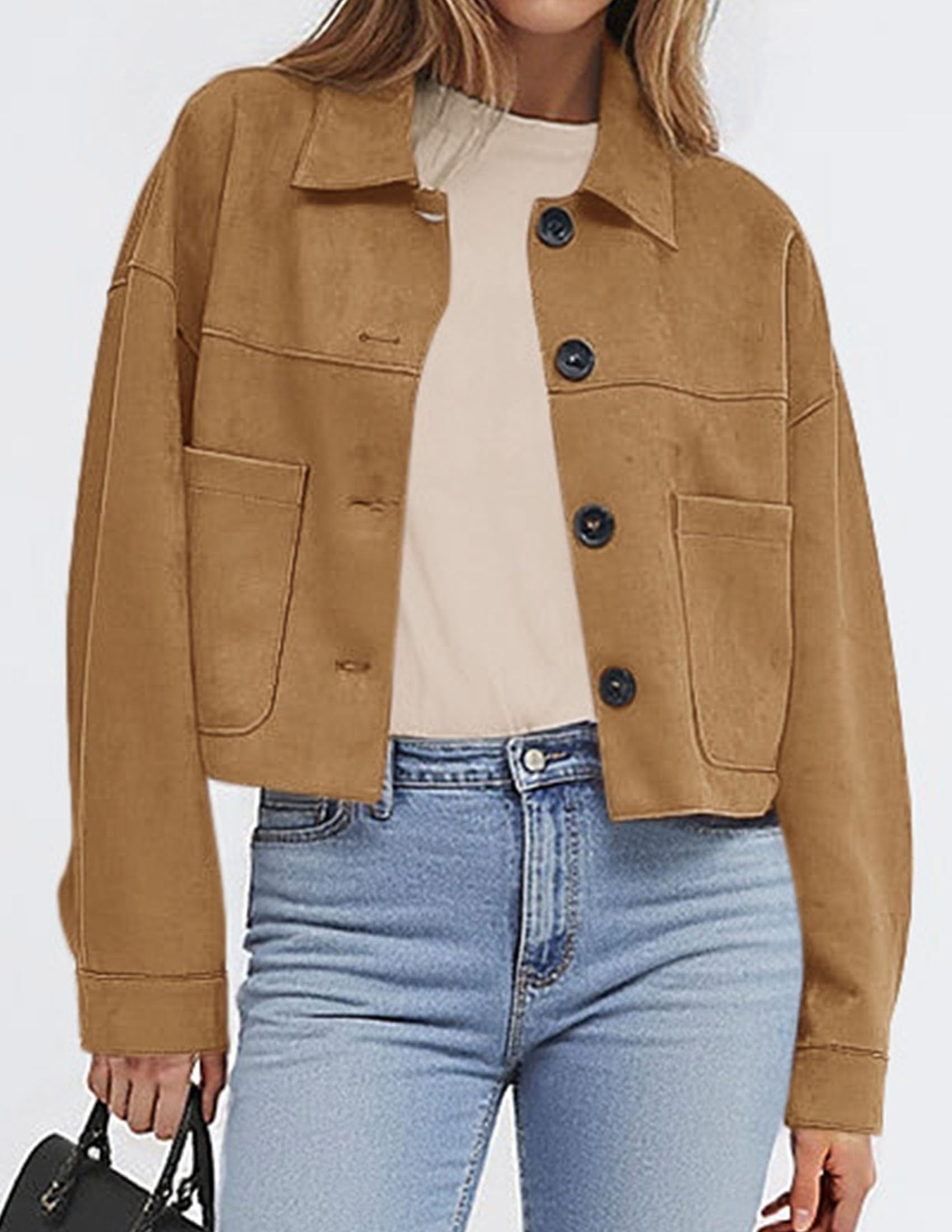 Women's Faux Suede Shacket Jackets Lightweight Cropped Coats