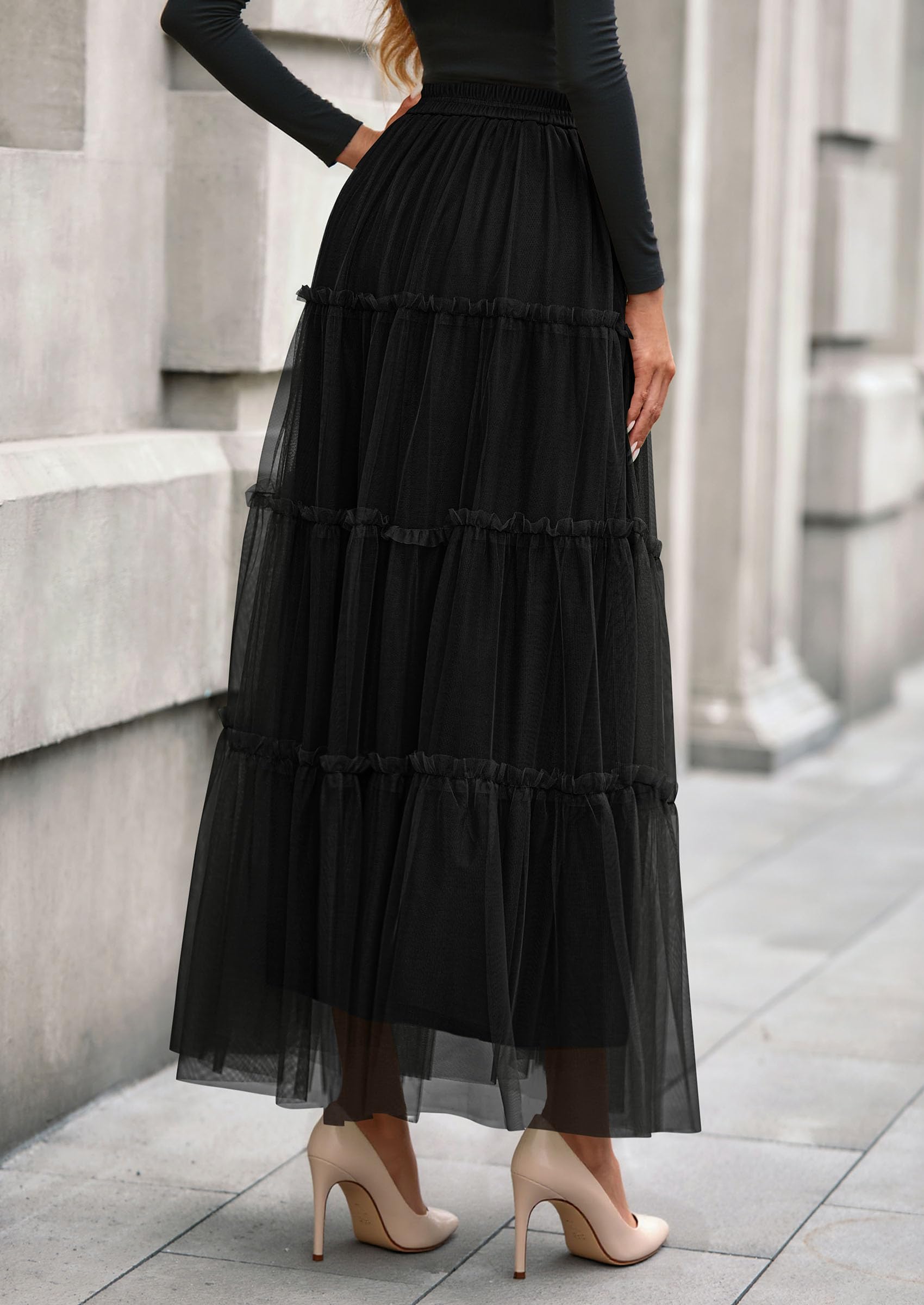 Women's Fall Soft Tulle Tiered Long Skirt,Black,S