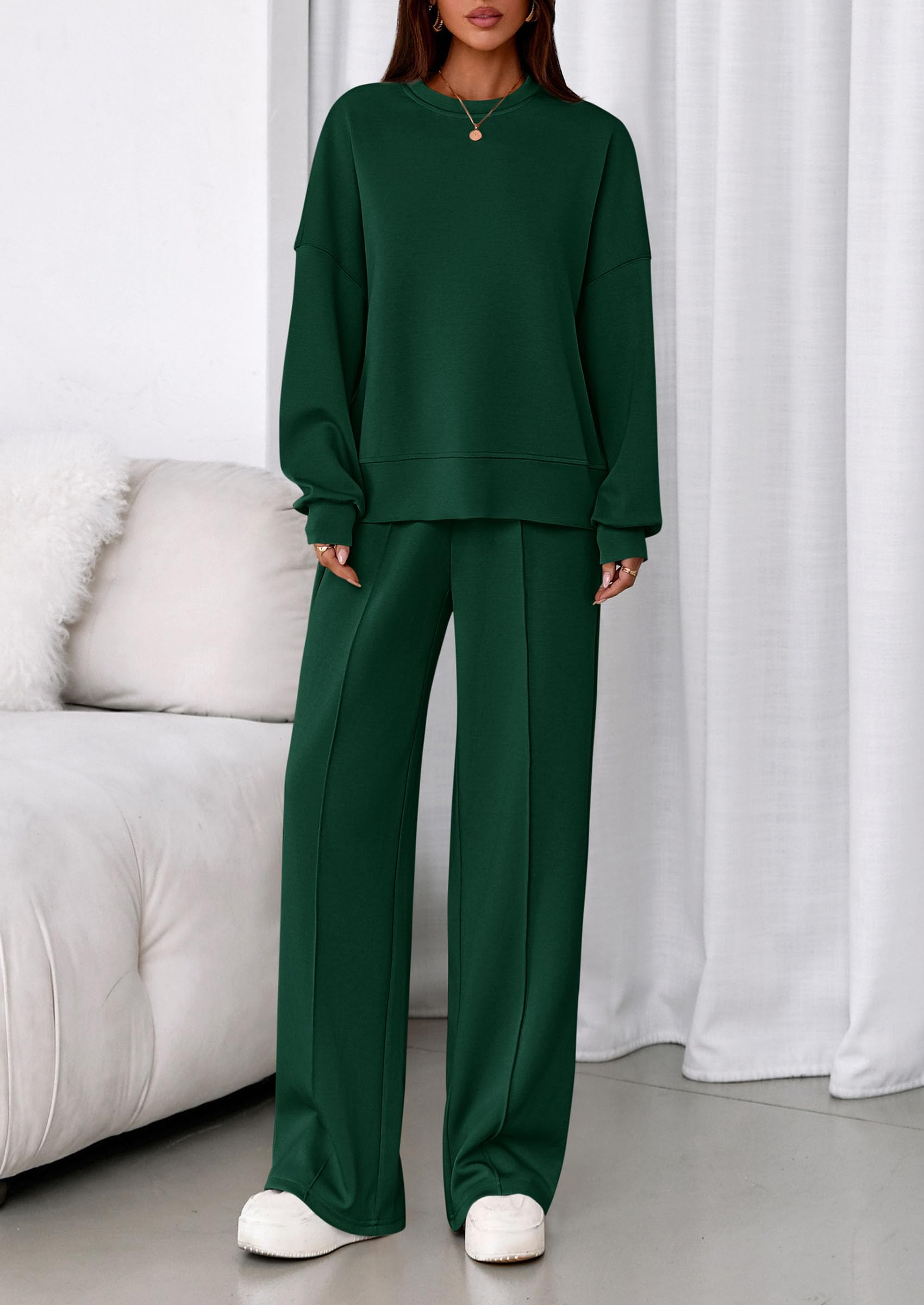 Womens Long Sleeve Sweatshirt 2 Piece Sets,Dark Green,S