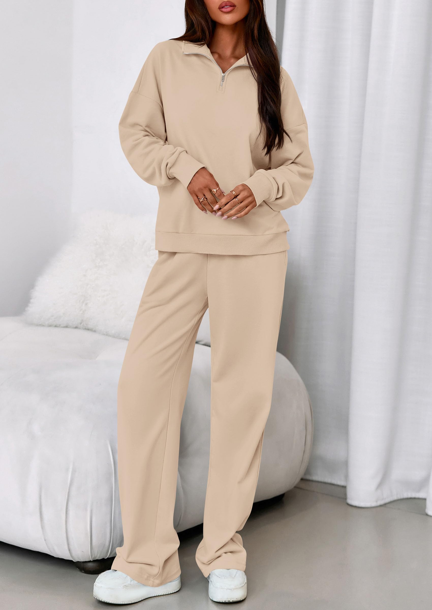 Womens 2 Piece Outfits Matching Lounge Sets,Beige,S