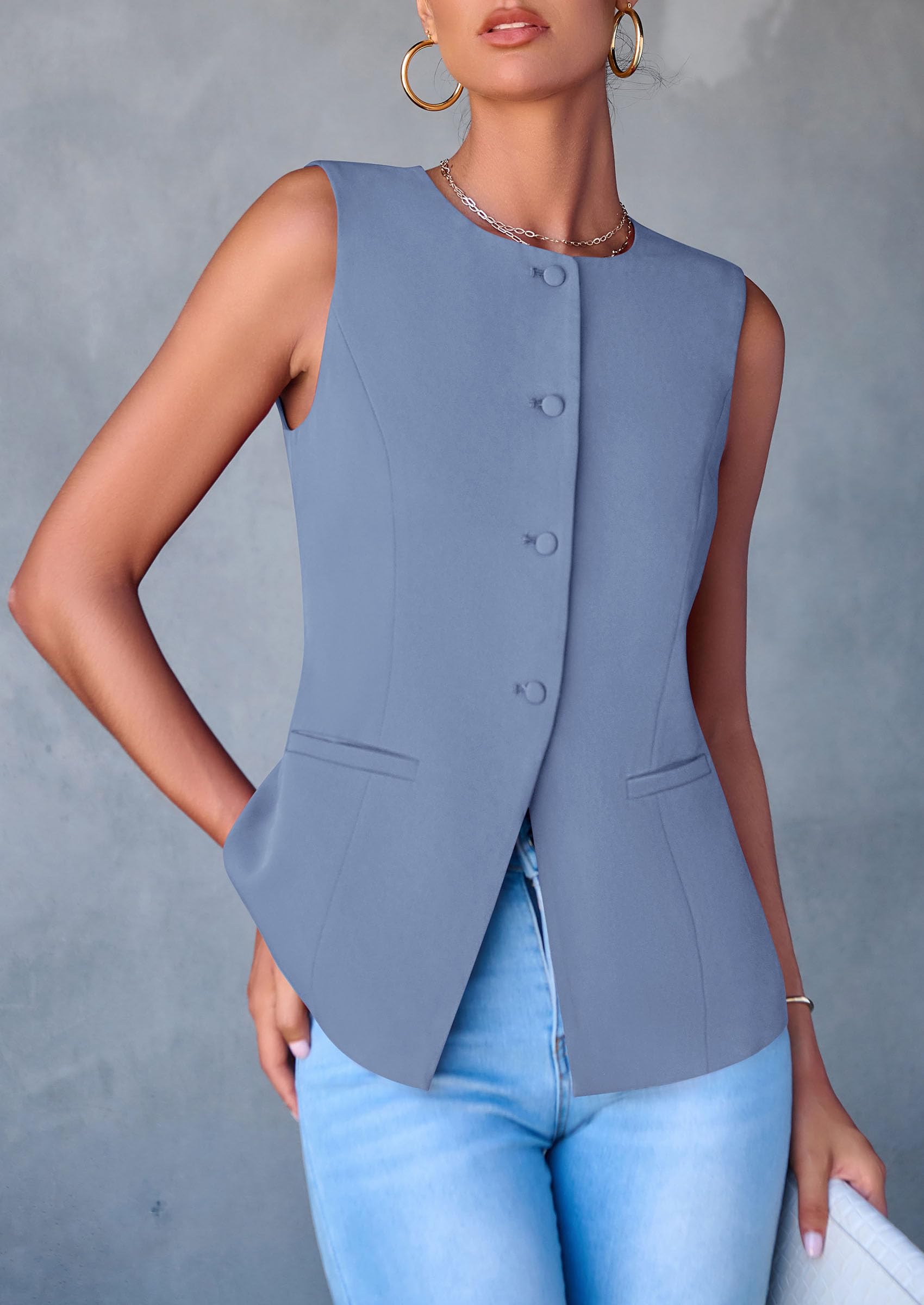 Women Tailored Suit Vest Business Casual Tops, Dusty Blue,S