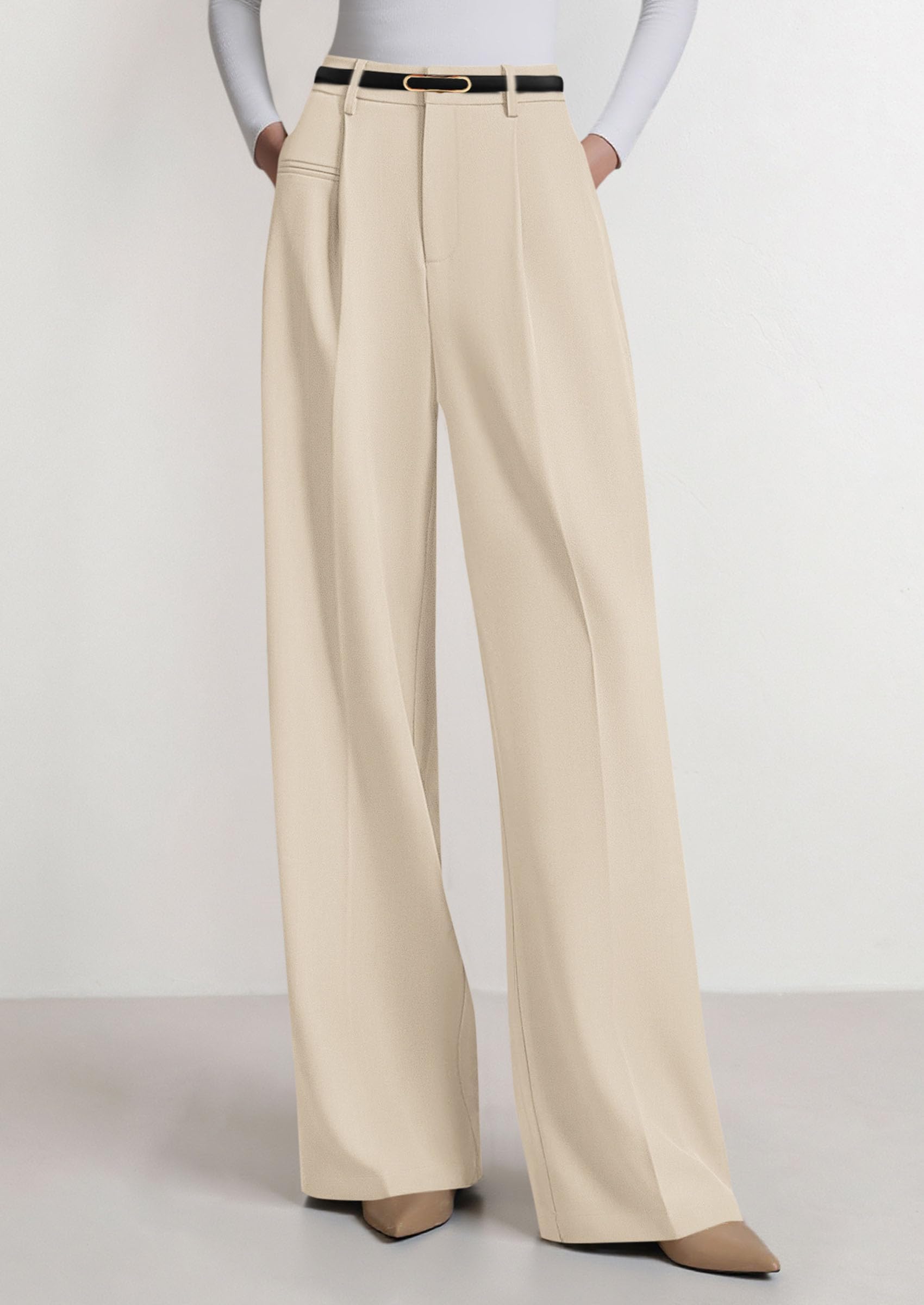 Women's Tailored Wide Leg Work Dress Pants,Beige,L
