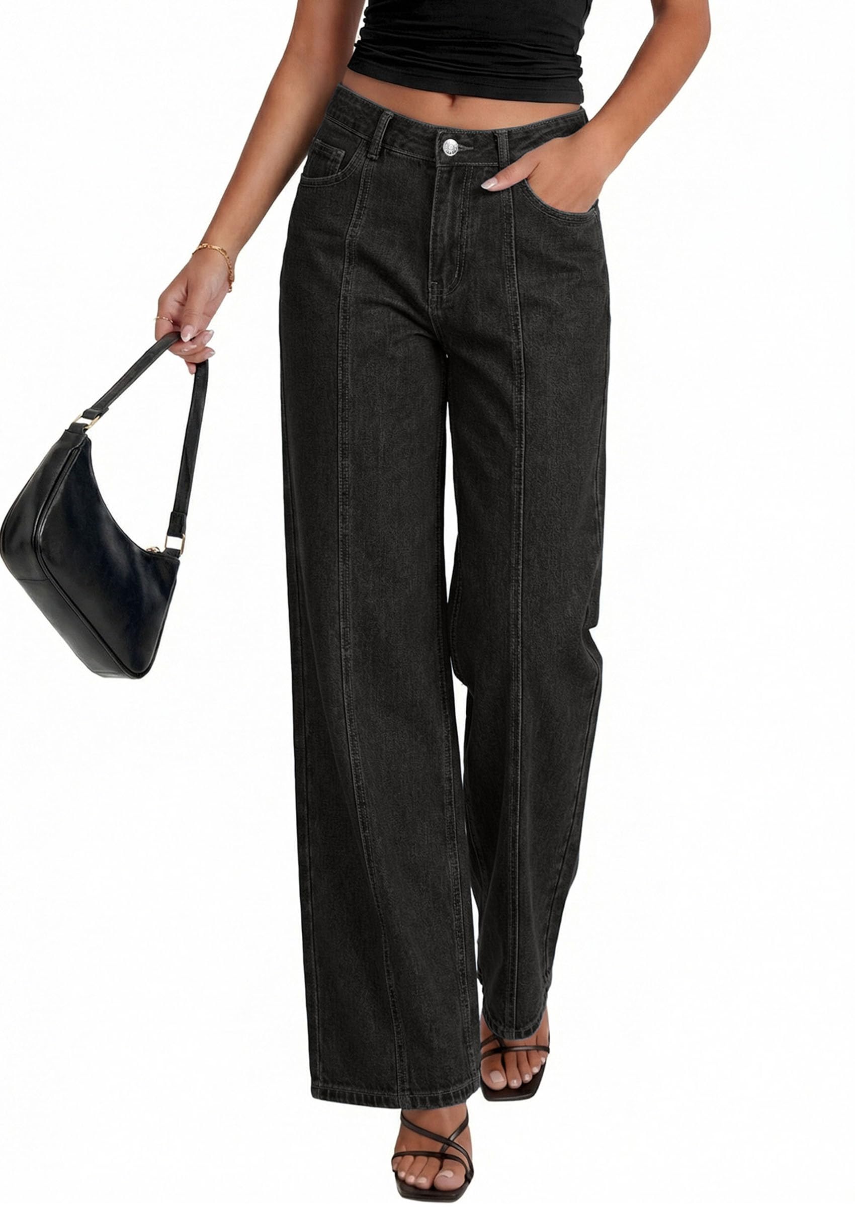 Women's Wide Leg Jeans Stretchy Baggy Denim Pants,Black,4