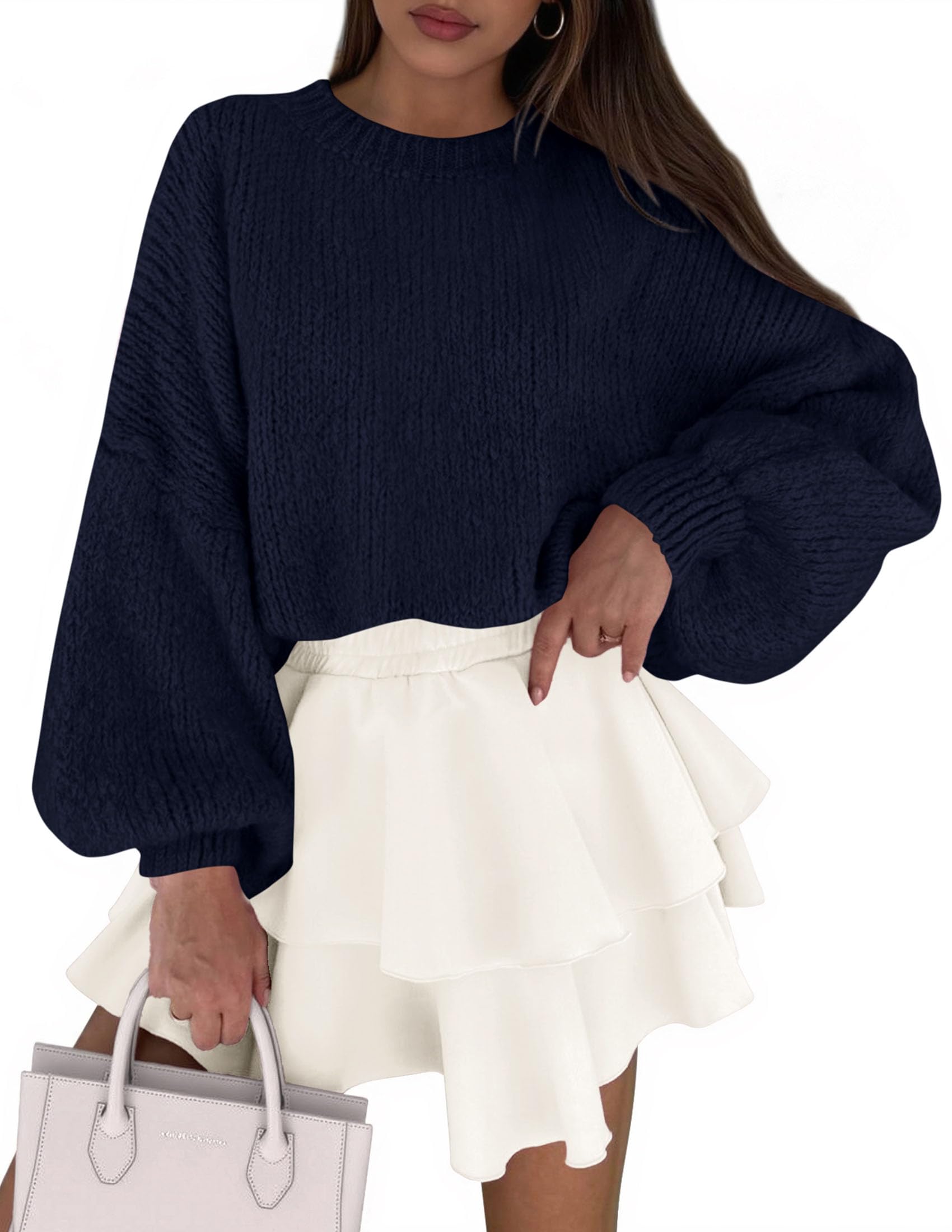 Women's Chunky Knit Oversized Pullover Sweaters,Navy Blue,S