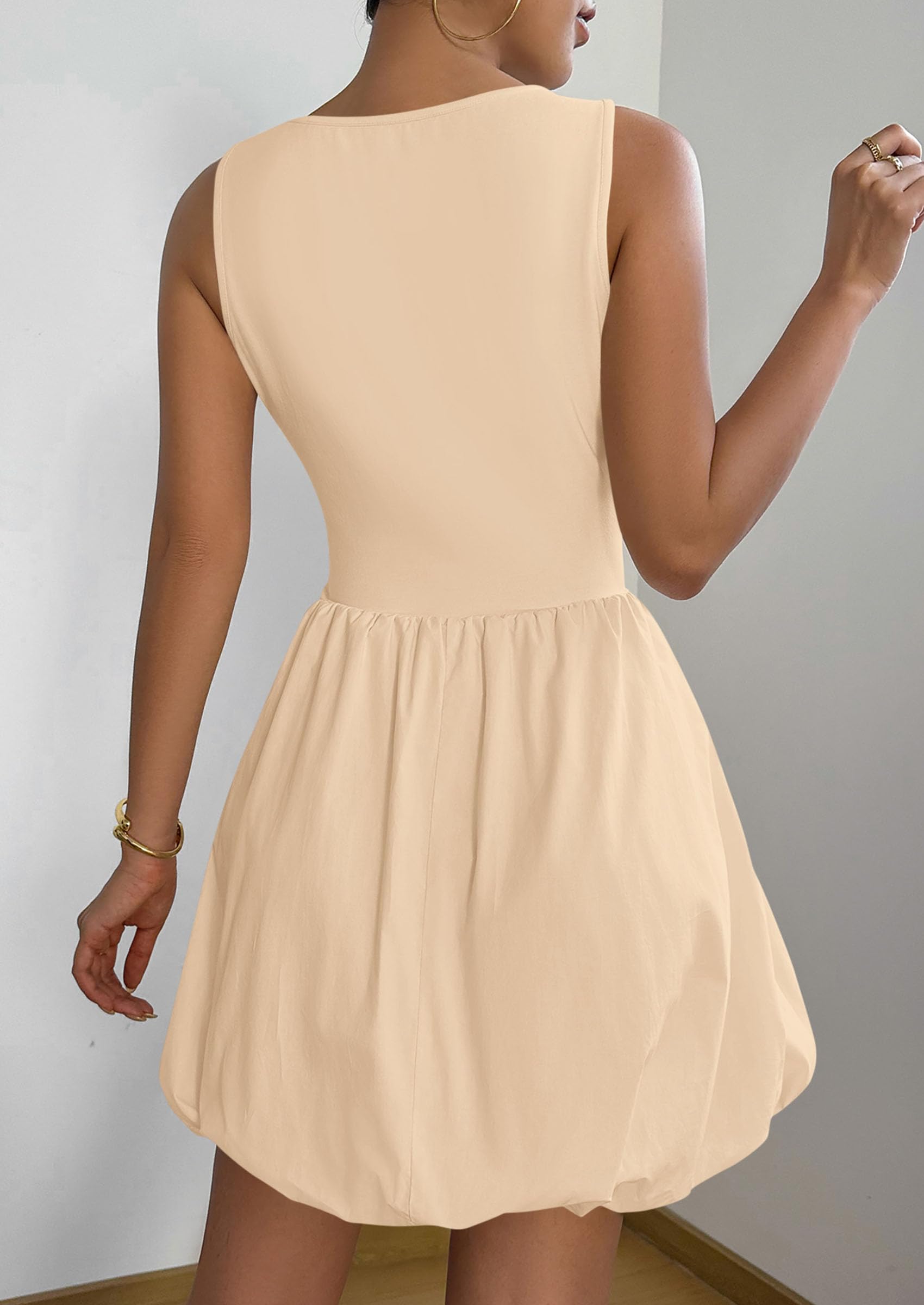 Womens Summer Bubble Sleeveless Mini Dress,Apricot,S
