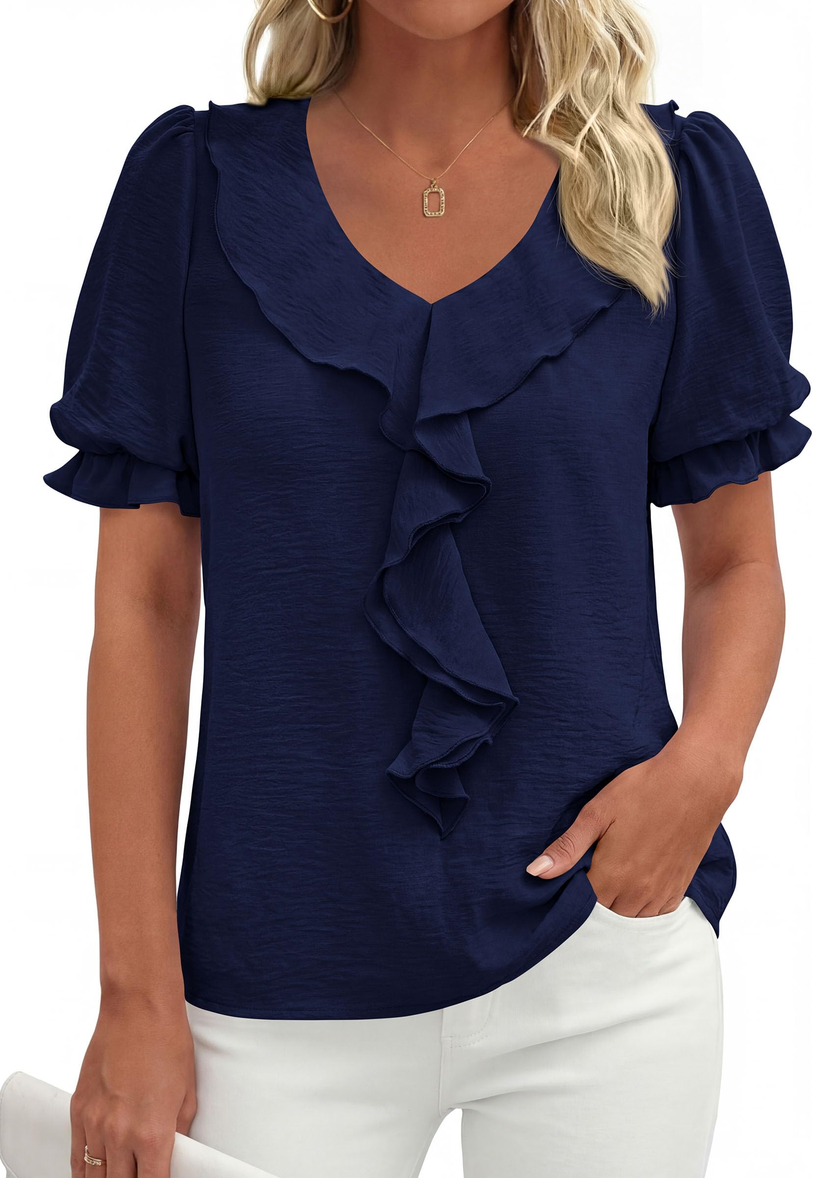 Women's Summer Ruffle Dressy Casual Blouses (Navy Blue,S)