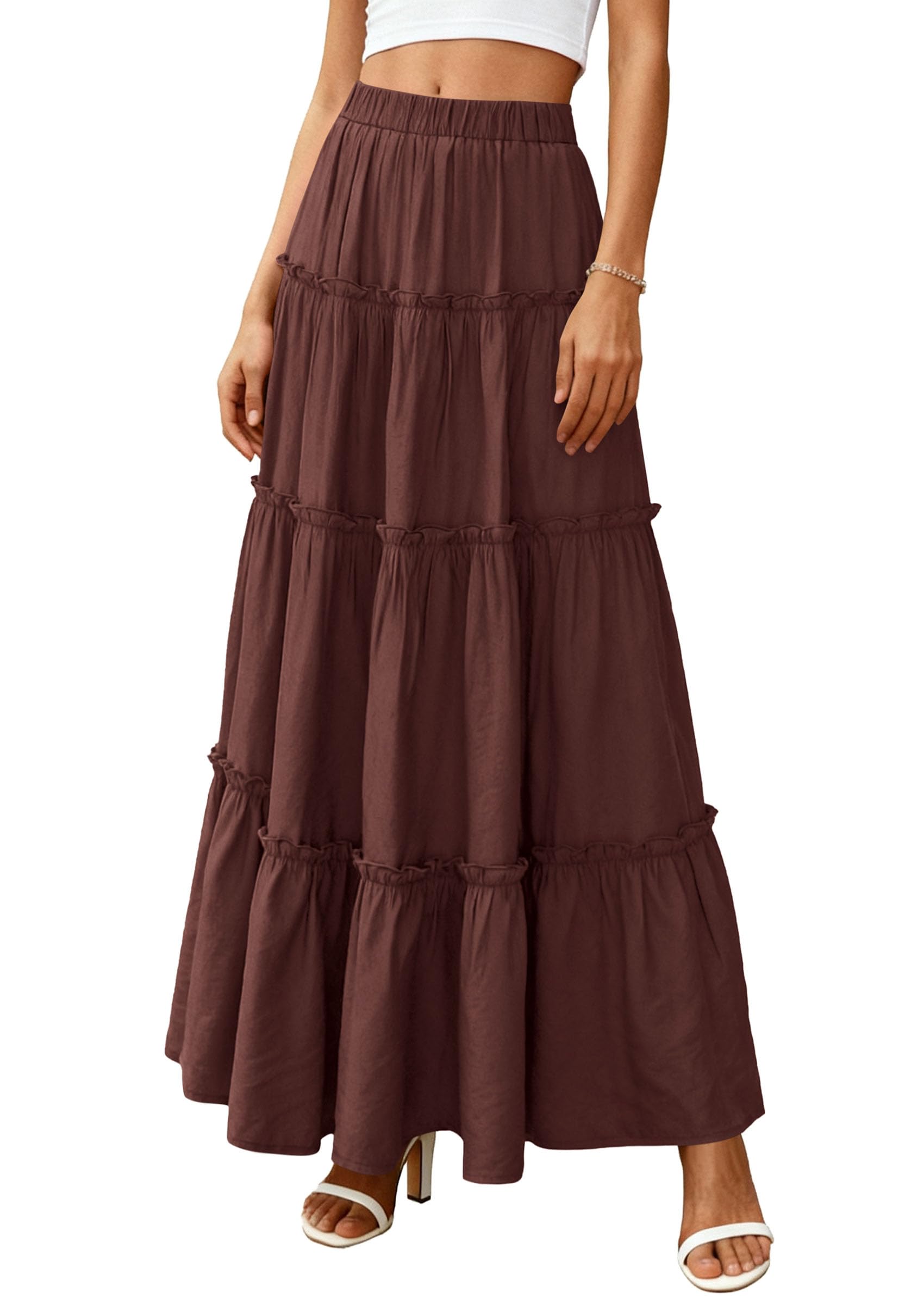 Women's Boho Tiered Ruffle Flowy Maxi Skirt, Dark Brown,S