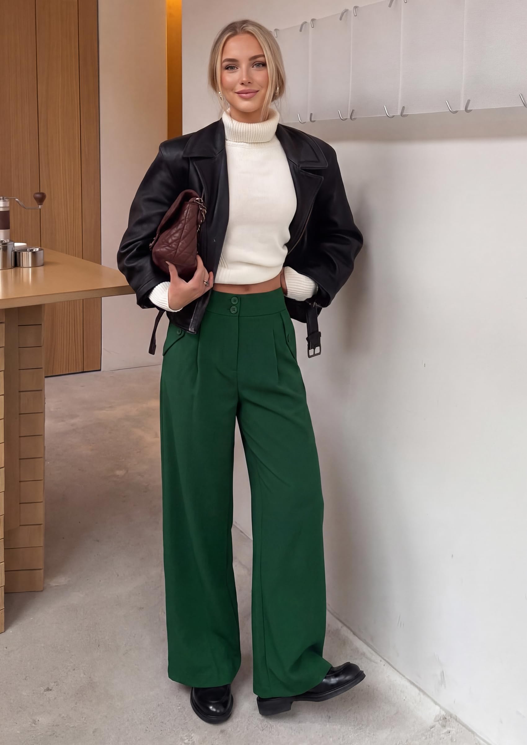Women's Wide Leg Work Dress Pants Trousers (Dark Green,S)