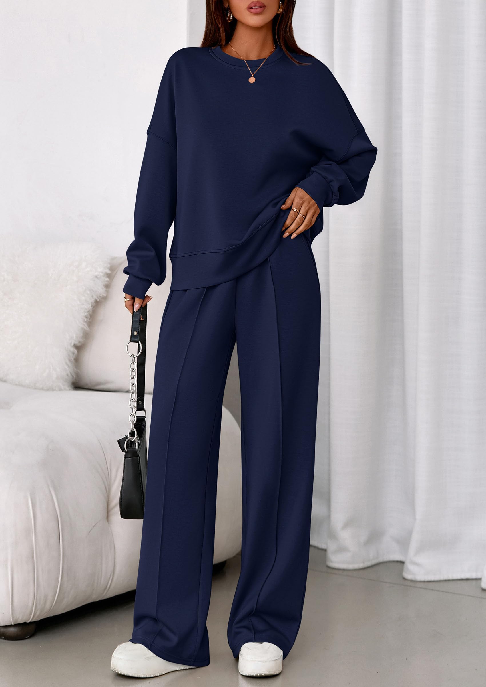 Womens Long Sleeve Sweatshirt 2 Piece Sets,Navy,S
