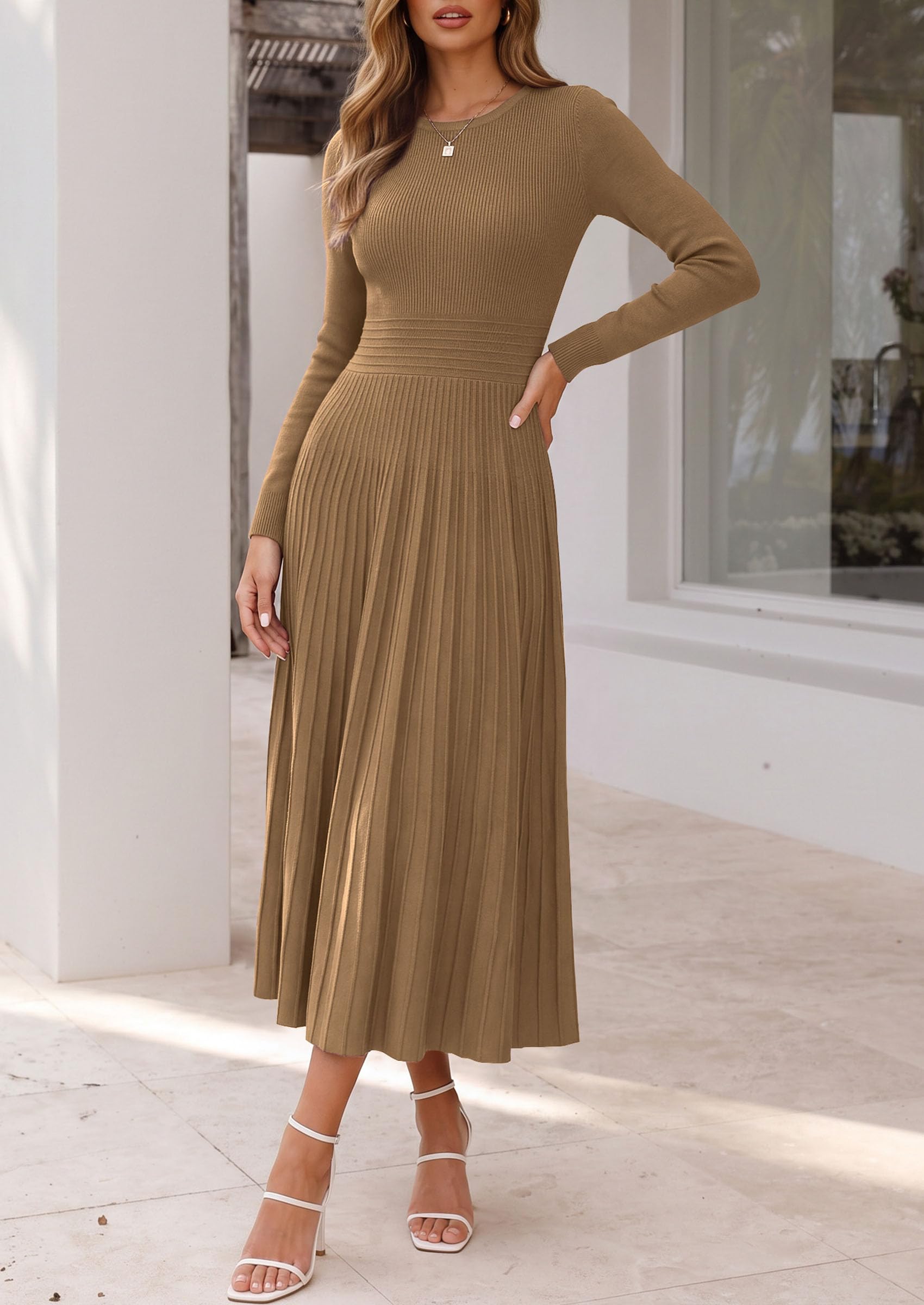 Women's Long Sleeve Knit Maxi Sweater Dress,Khaki,S