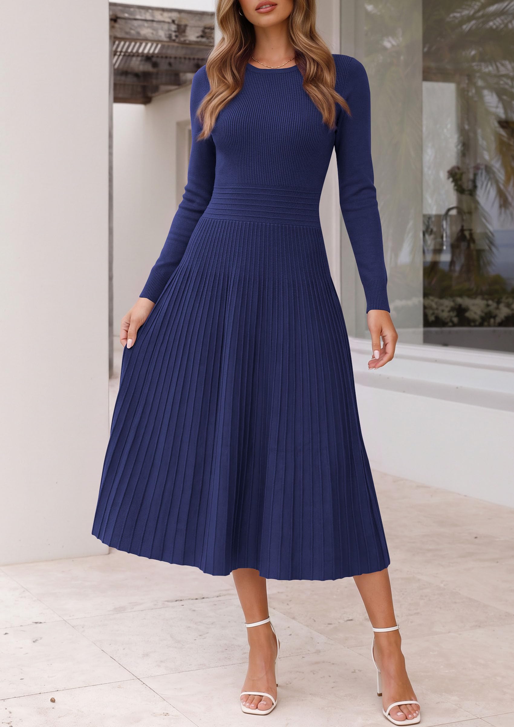 Women's Long Sleeve Knit Maxi Sweater Dress,Navy Blue,S