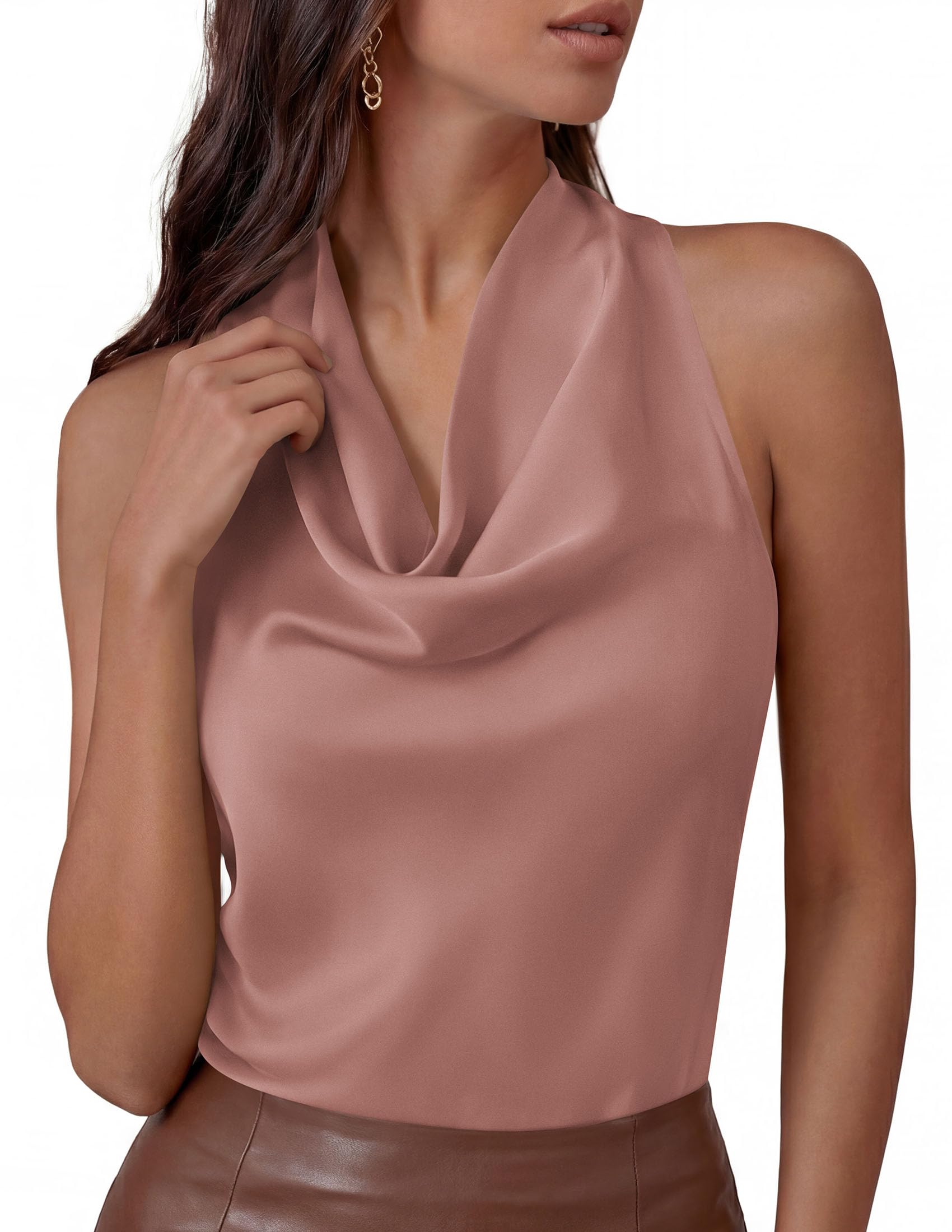 Satin Halter Tops for Women Dressy Casual Pink,XS