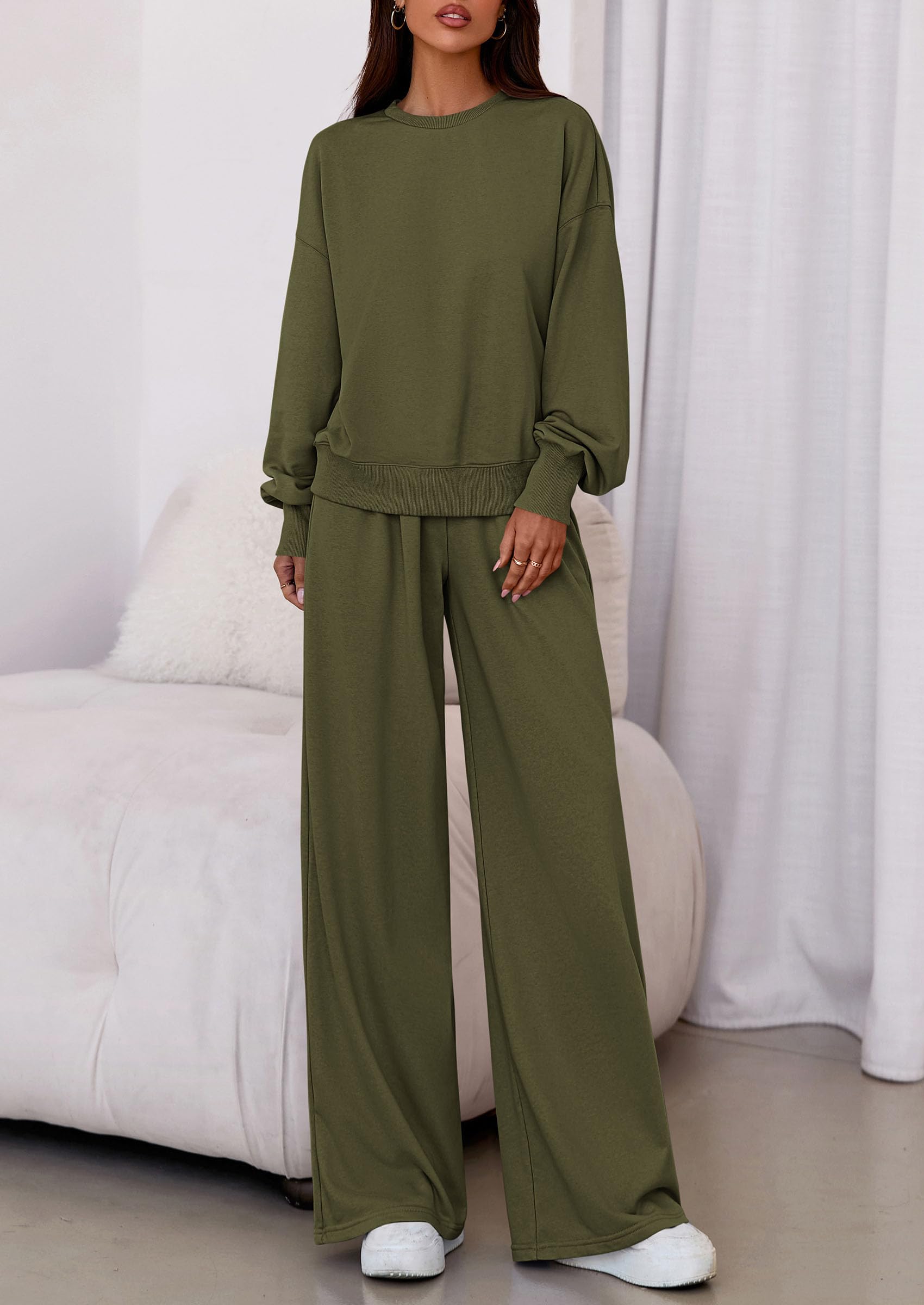 Womens Loose Fit Casual 2 Piece Lounge Set,Army Green,M