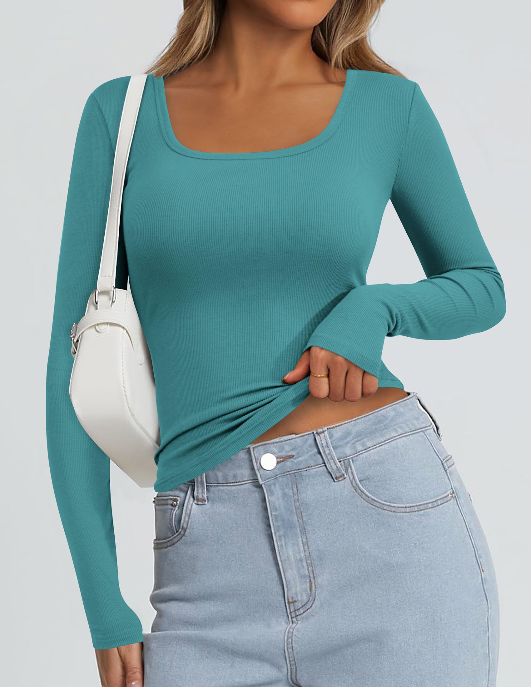 Square Neck Long Sleeve Shirts for Women Malachite Green,XS