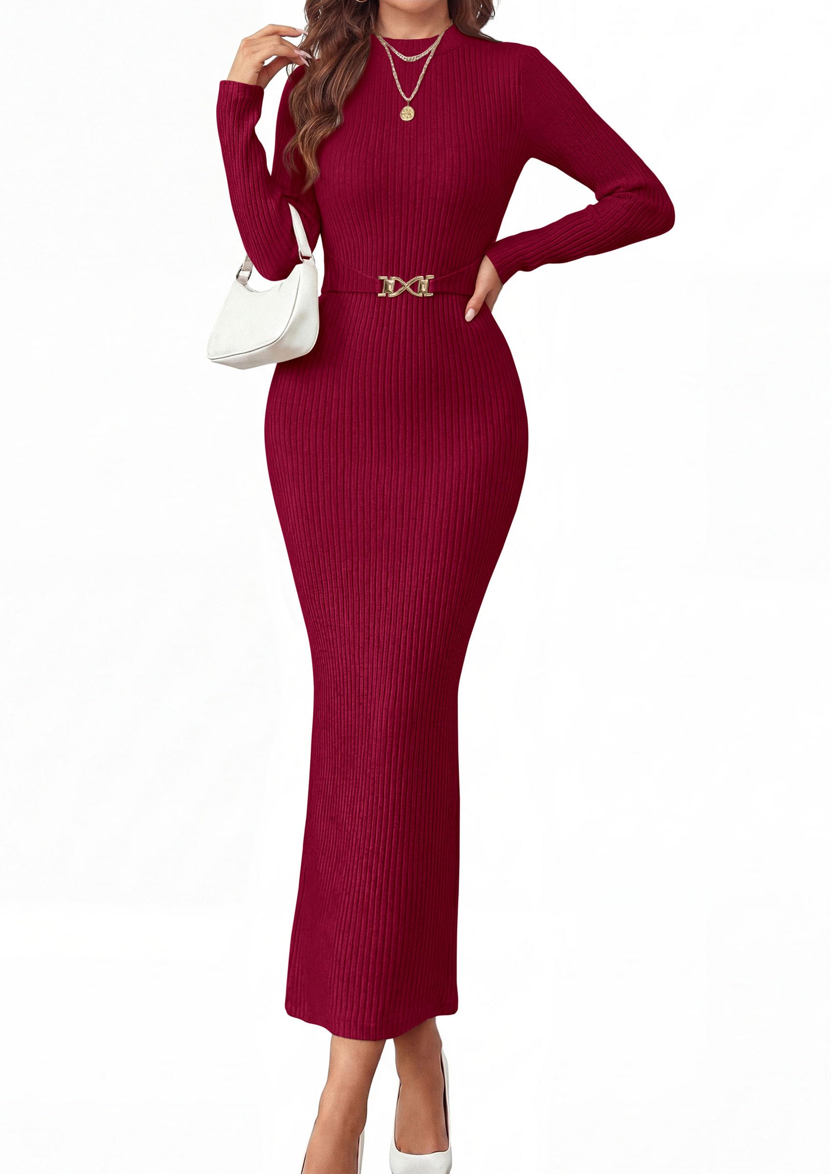 Women's Long Sleeve Bodycon Maxi Sweater Dress Wine Red,XS