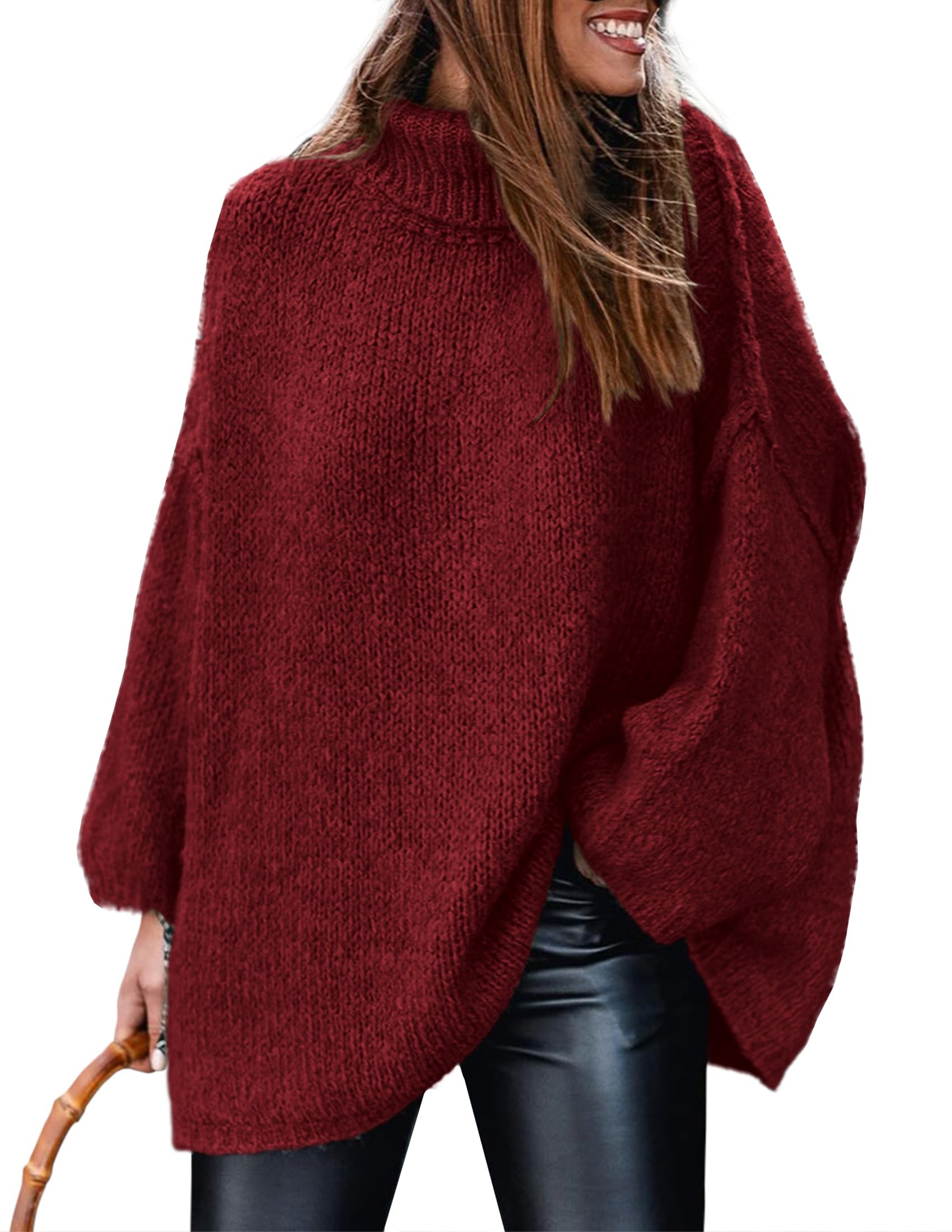 Womens Turtleneck Long Sleeve Oversized Sweaters,Wine Red,S