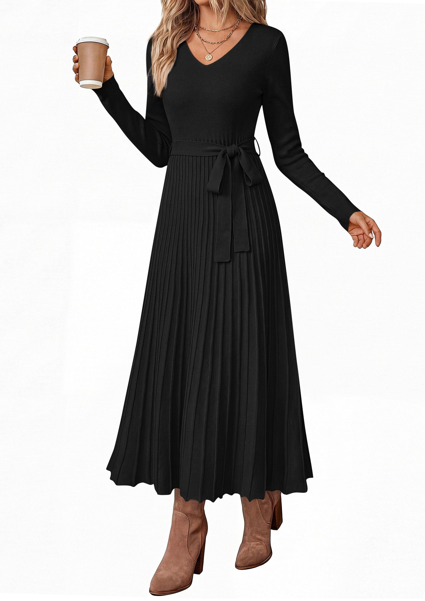 Womens Fall Maxi Long Sleeve Sweater Dress,Black,S