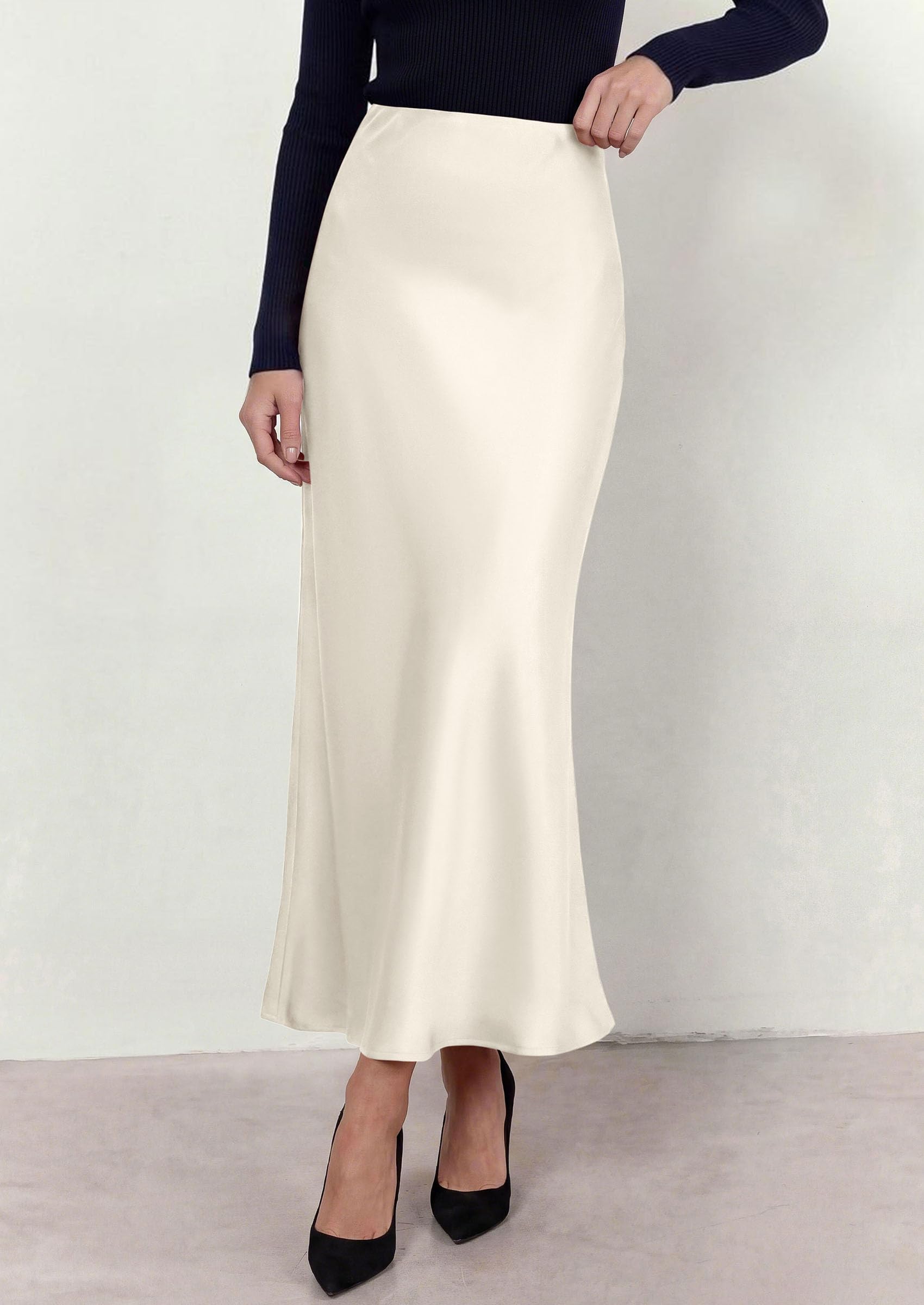 Women's Silk Satin Maxi Skirts Fall Clothes (Beige,L)