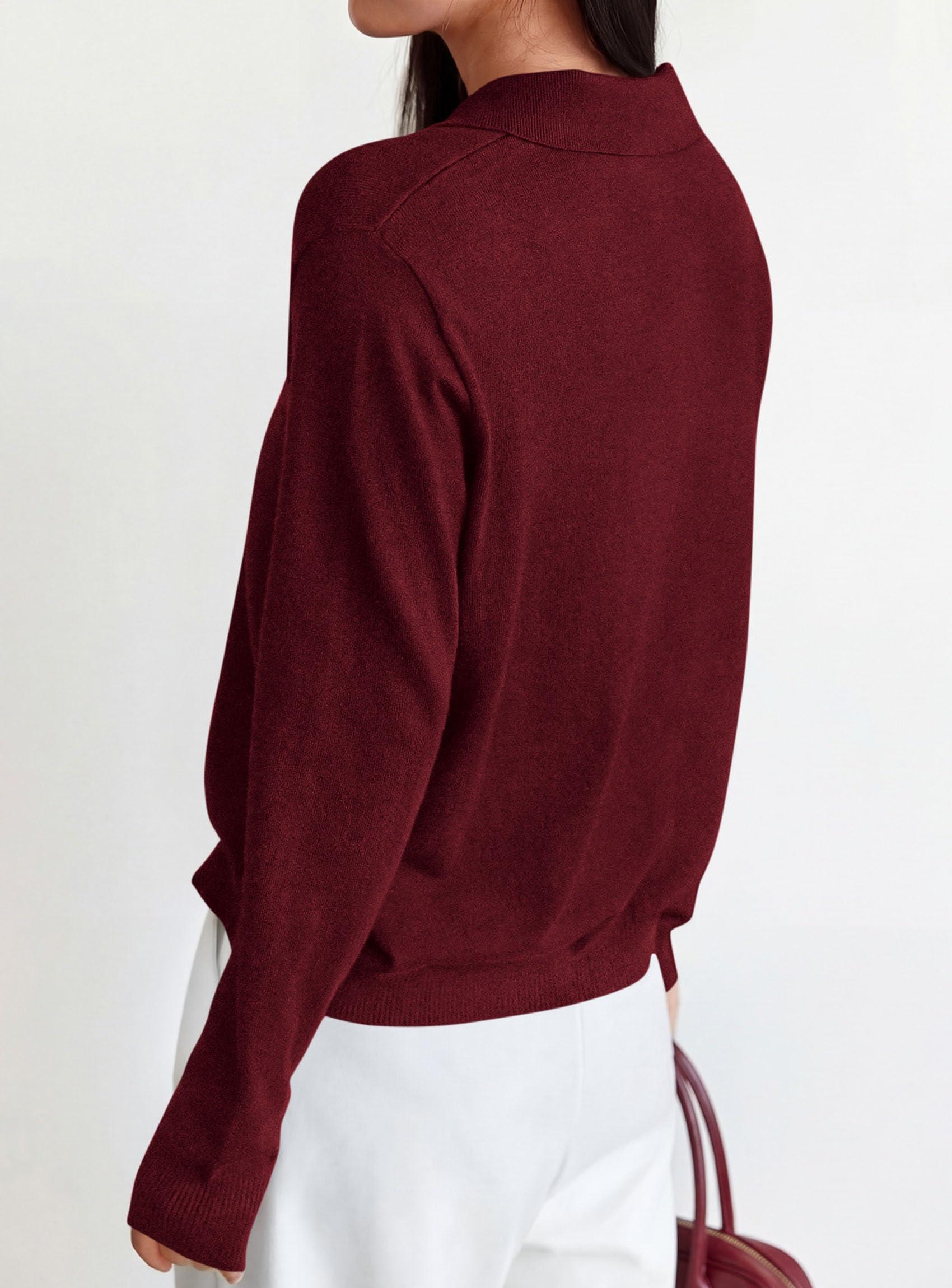Womens Long Sleeve Collared Polo Sweater,Wine Red,S