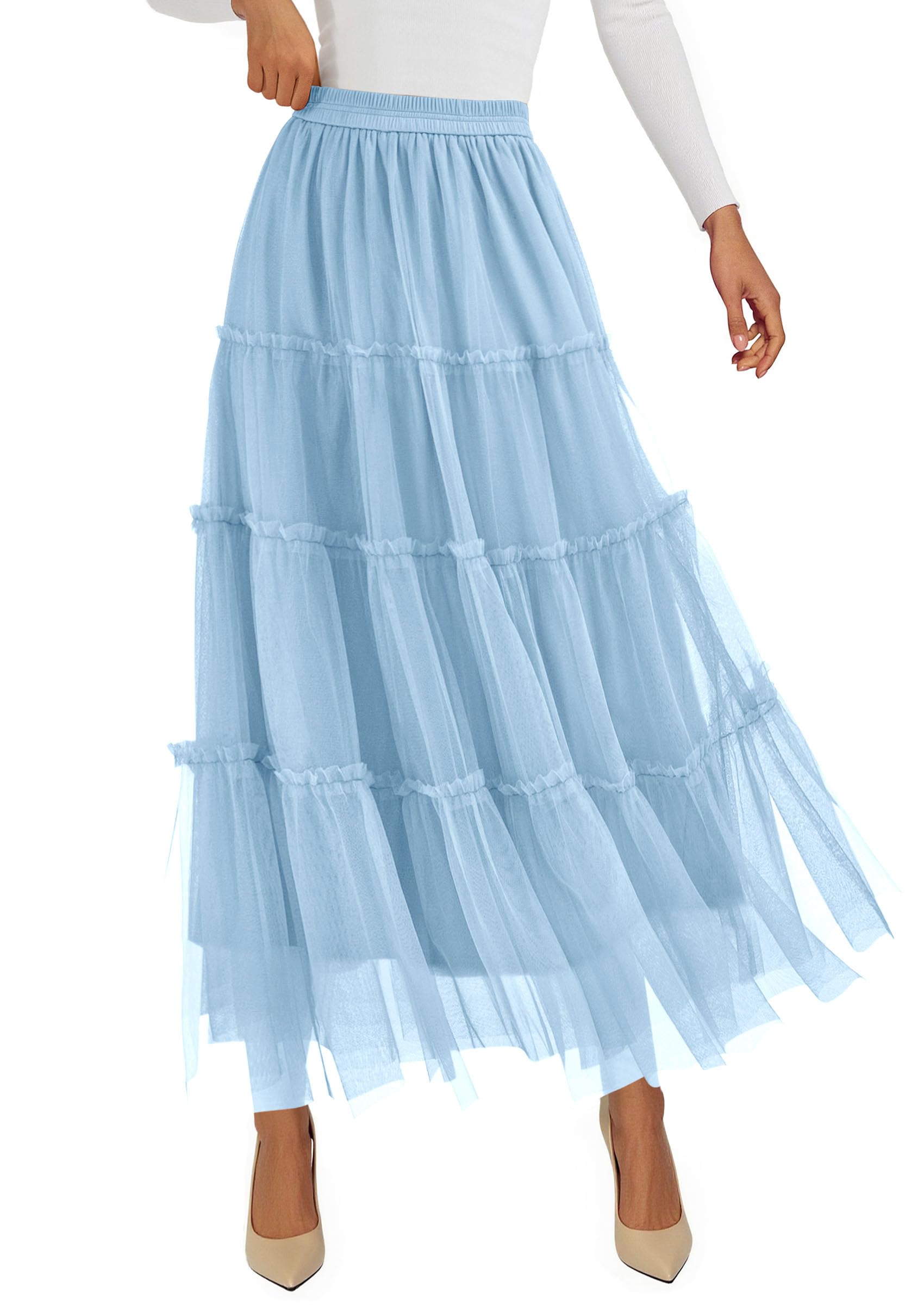 Women's Fall Soft Tulle Tiered Long Skirt,Light Blue,S