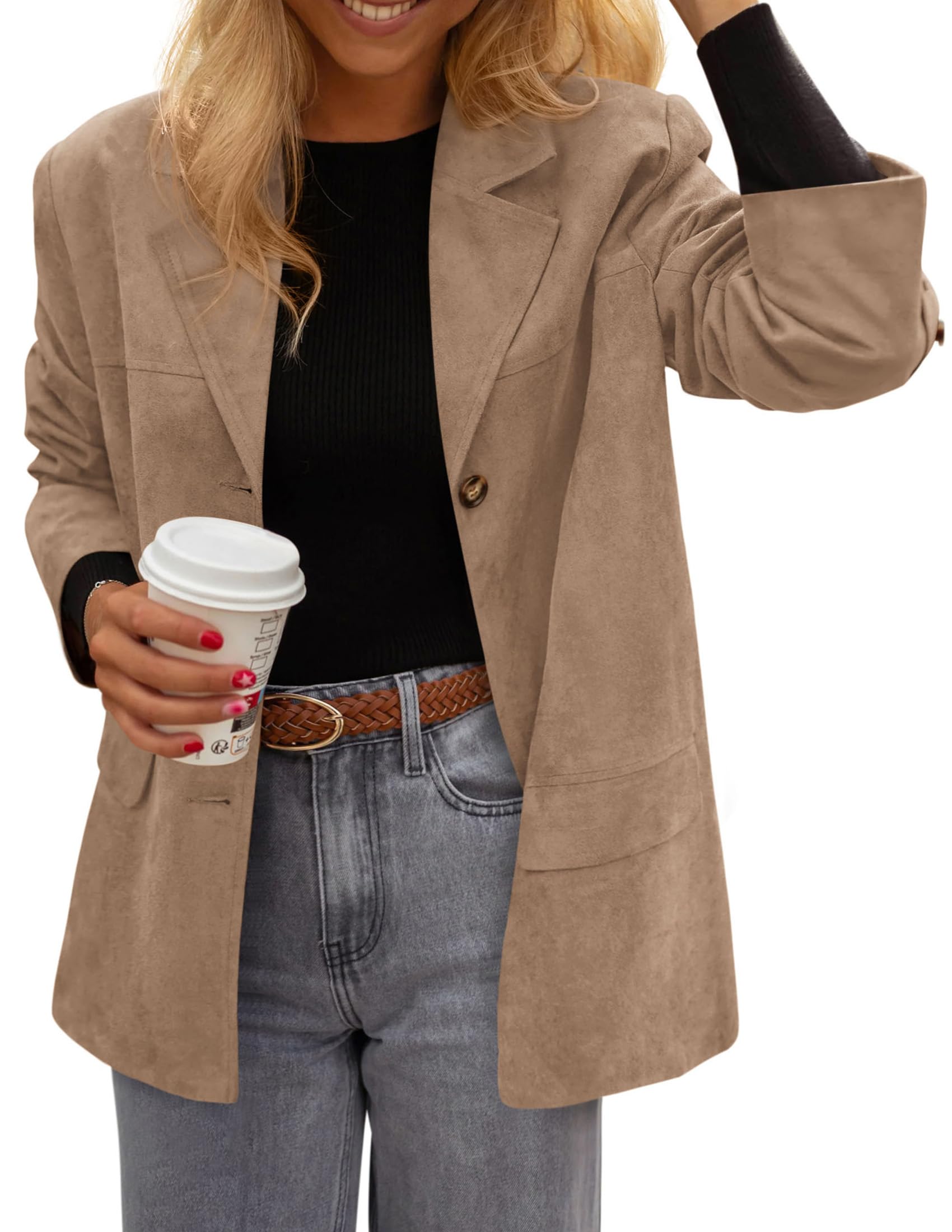 Blazers for Women Western Fall Faux Suede Jacket Khaki