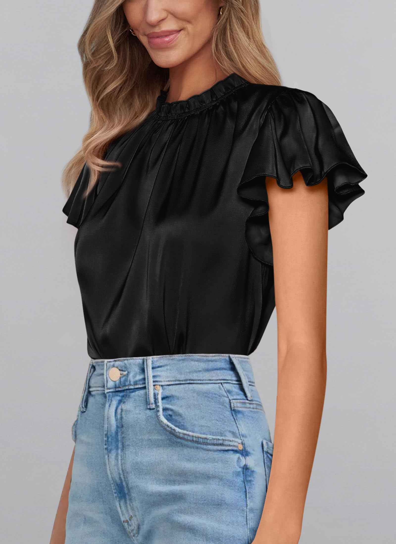 Women's Satin Tops Business Casual Work Blouses, Black,S