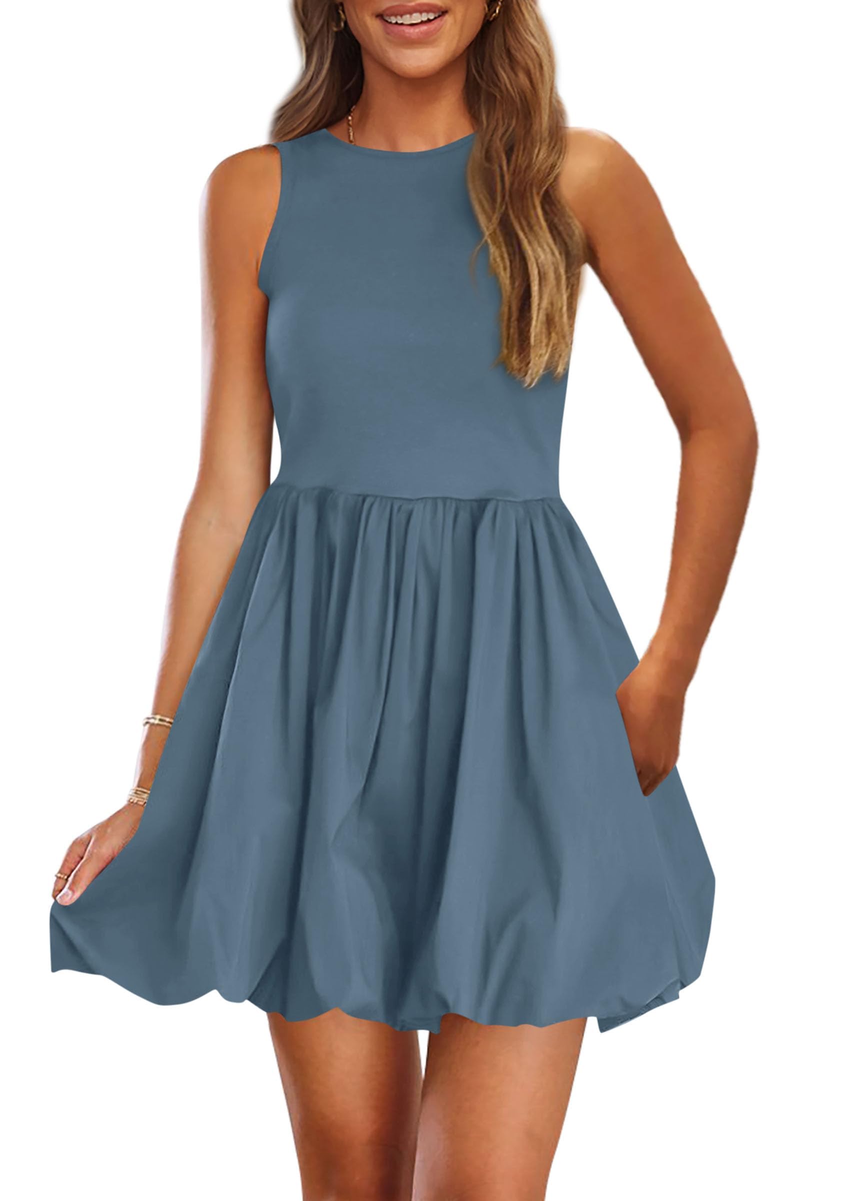 Womens Summer Bubble Sleeveless Mini Dress,Grey Blue,S