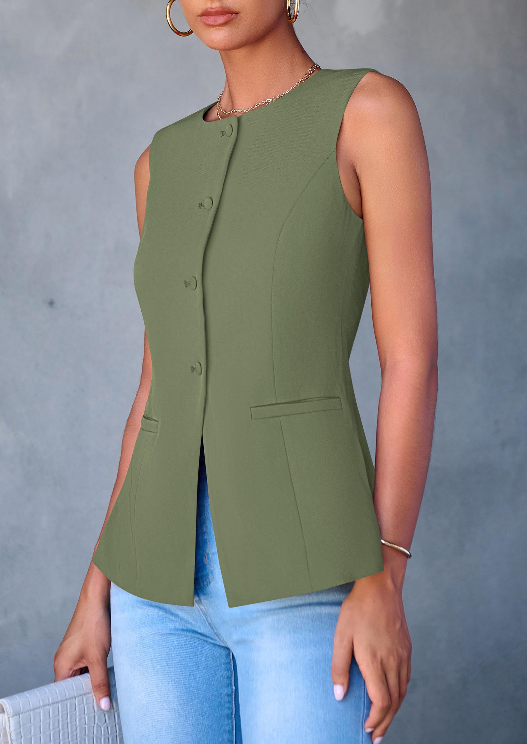 Women Tailored Suit Vest Business Casual Tops, Light Green,S