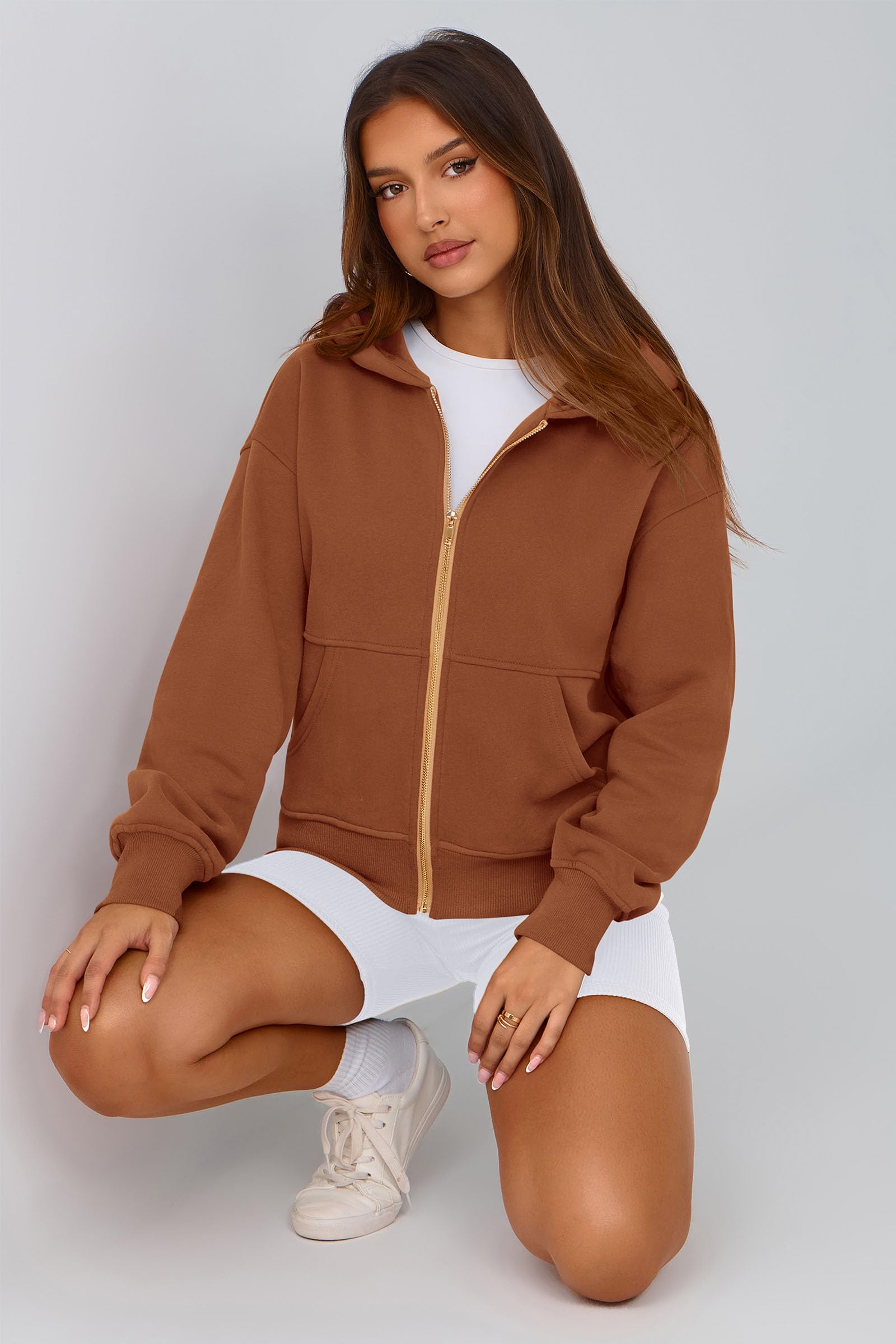 Hoodies for Women Fall Fashion Zip Up Fleece Plain Sweatshirt