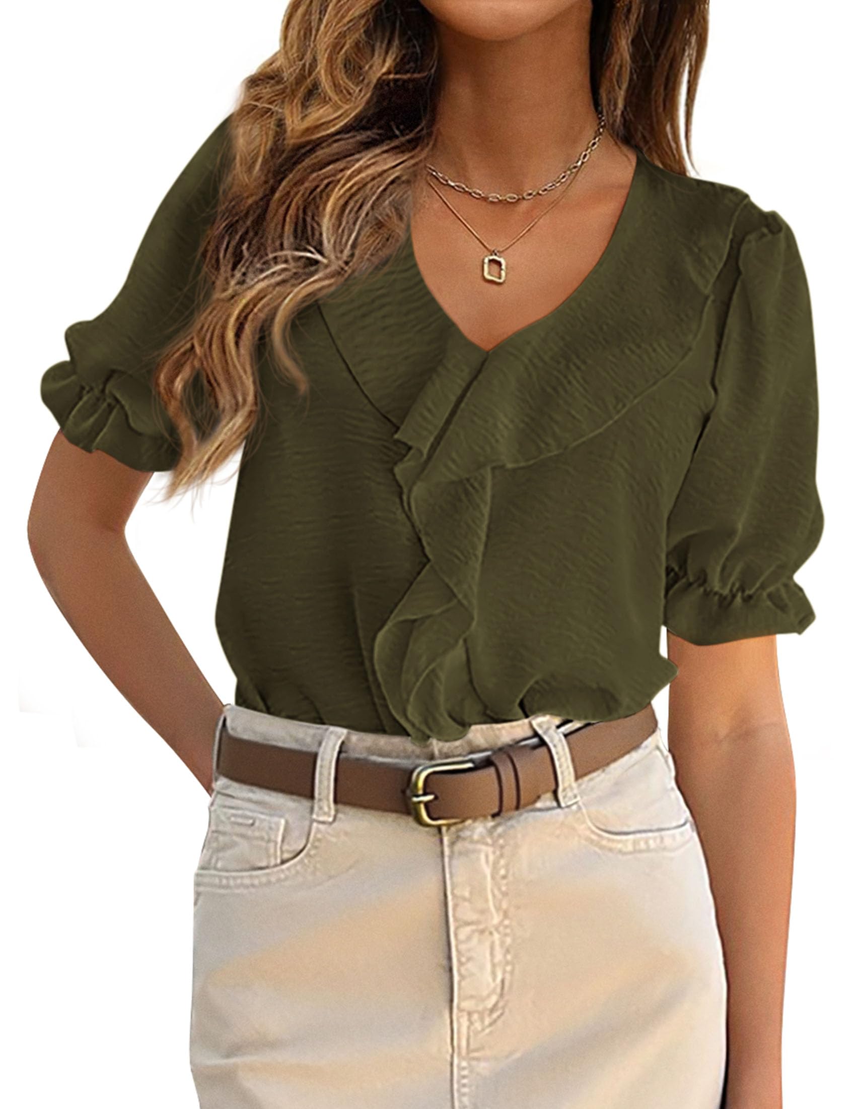 Women's Summer Ruffle Dressy Casual Blouses (Army Green,S)