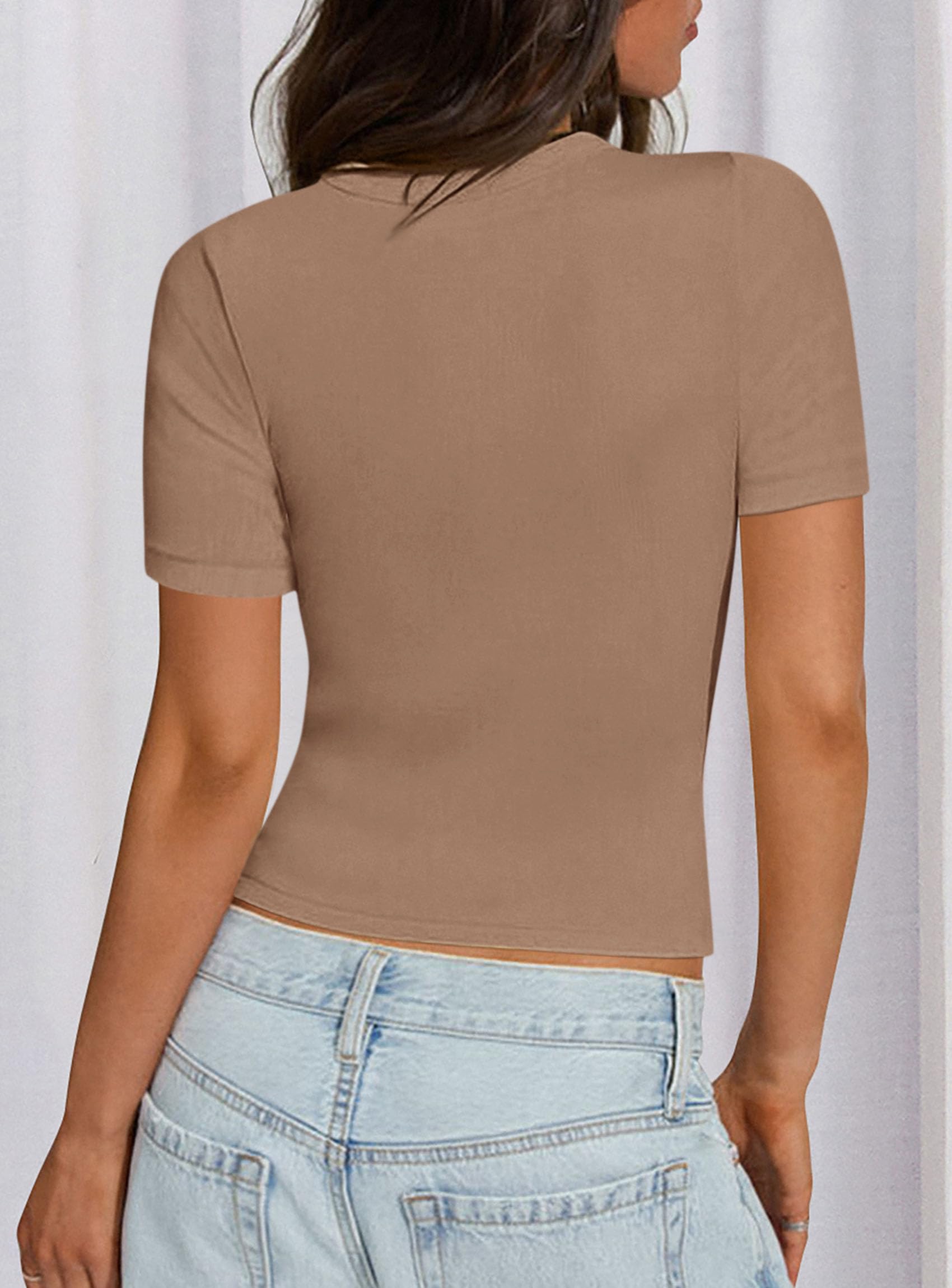 Womens Short Sleeve Slim Fit Basic Shirts,Light Khaki,XS