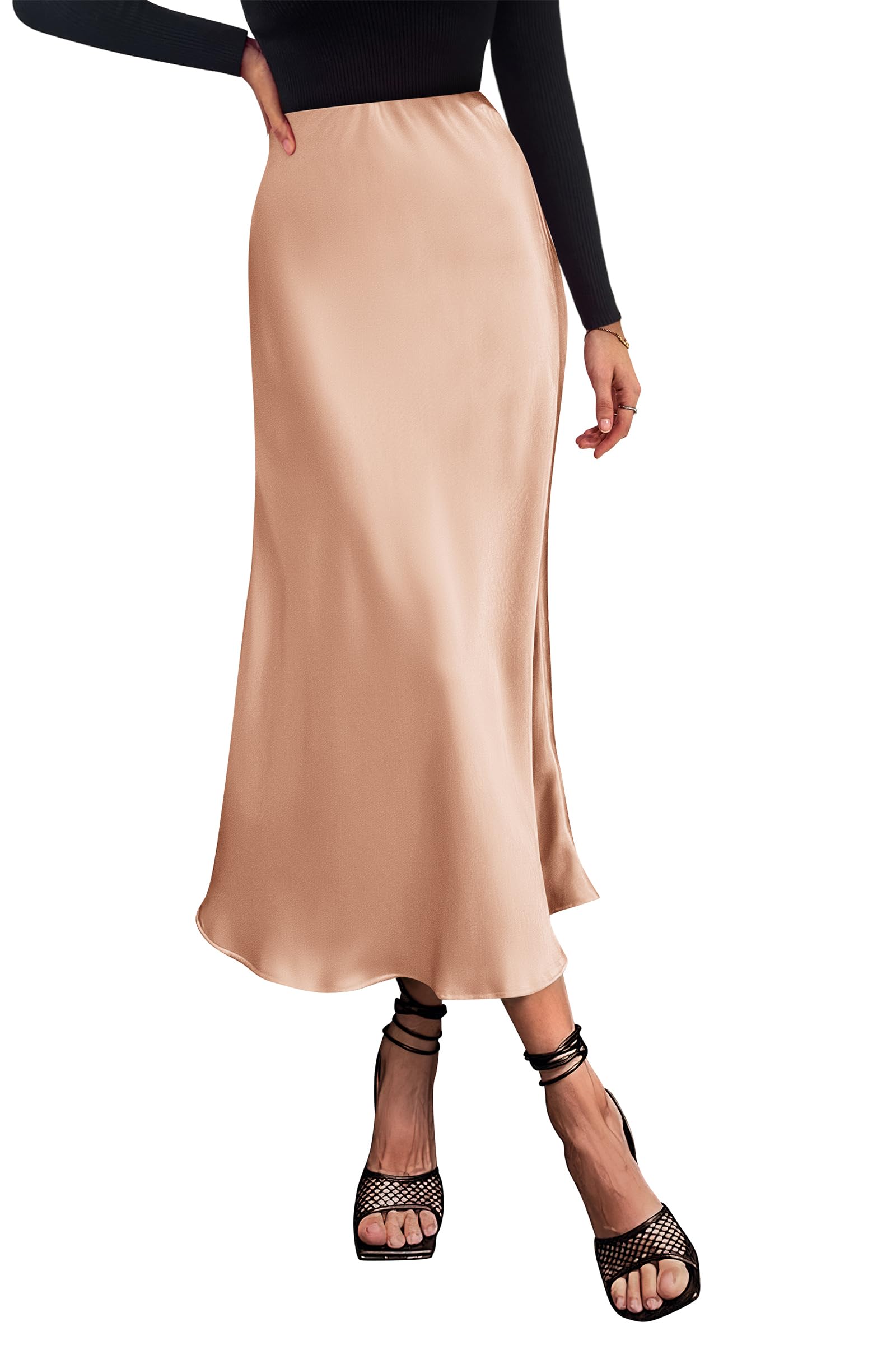 Women's Satin Midi Skirts Dressy Casual,Champagne,S
