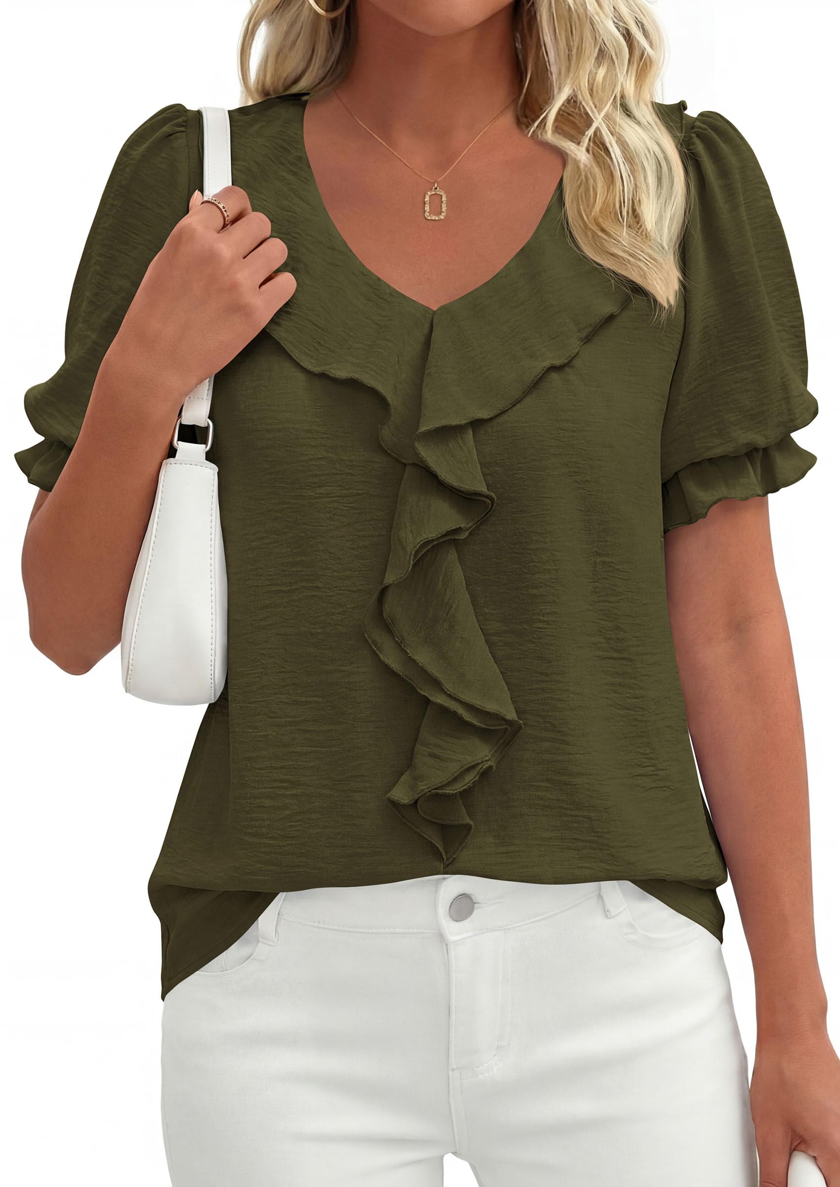 Women's Summer Ruffle Dressy Casual Blouses (Army Green,S)