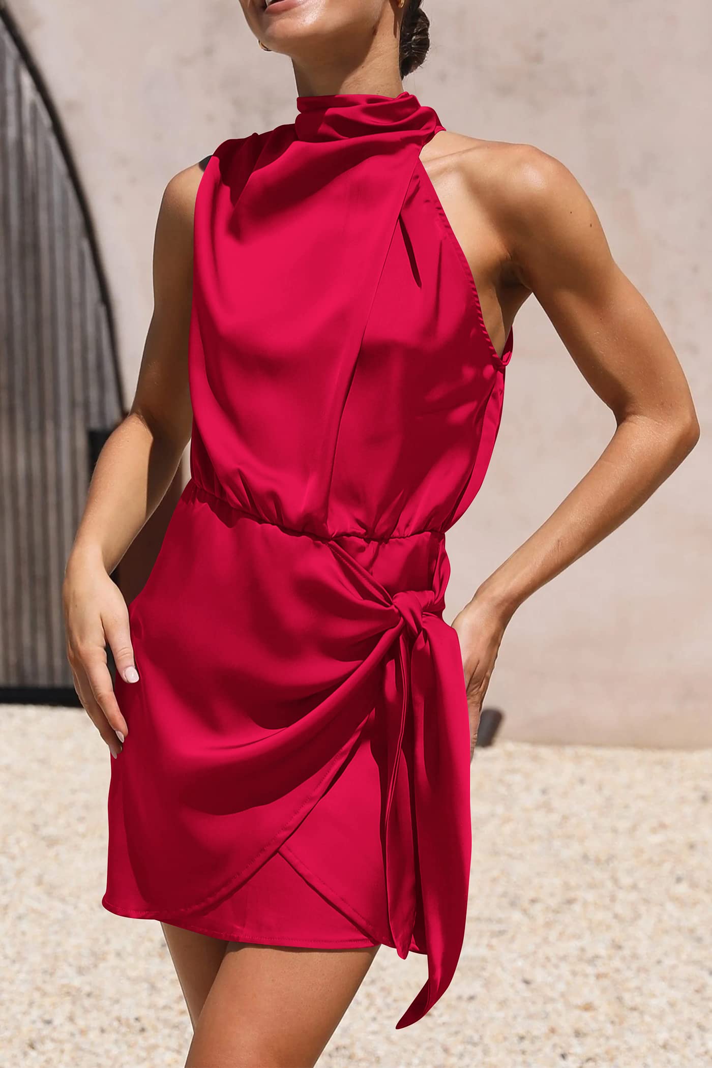 Women's Short Formal Satin Dress Summer Sleeveless Mock Neck Tie Waist Cocktail Party Dresses (Red,Small)