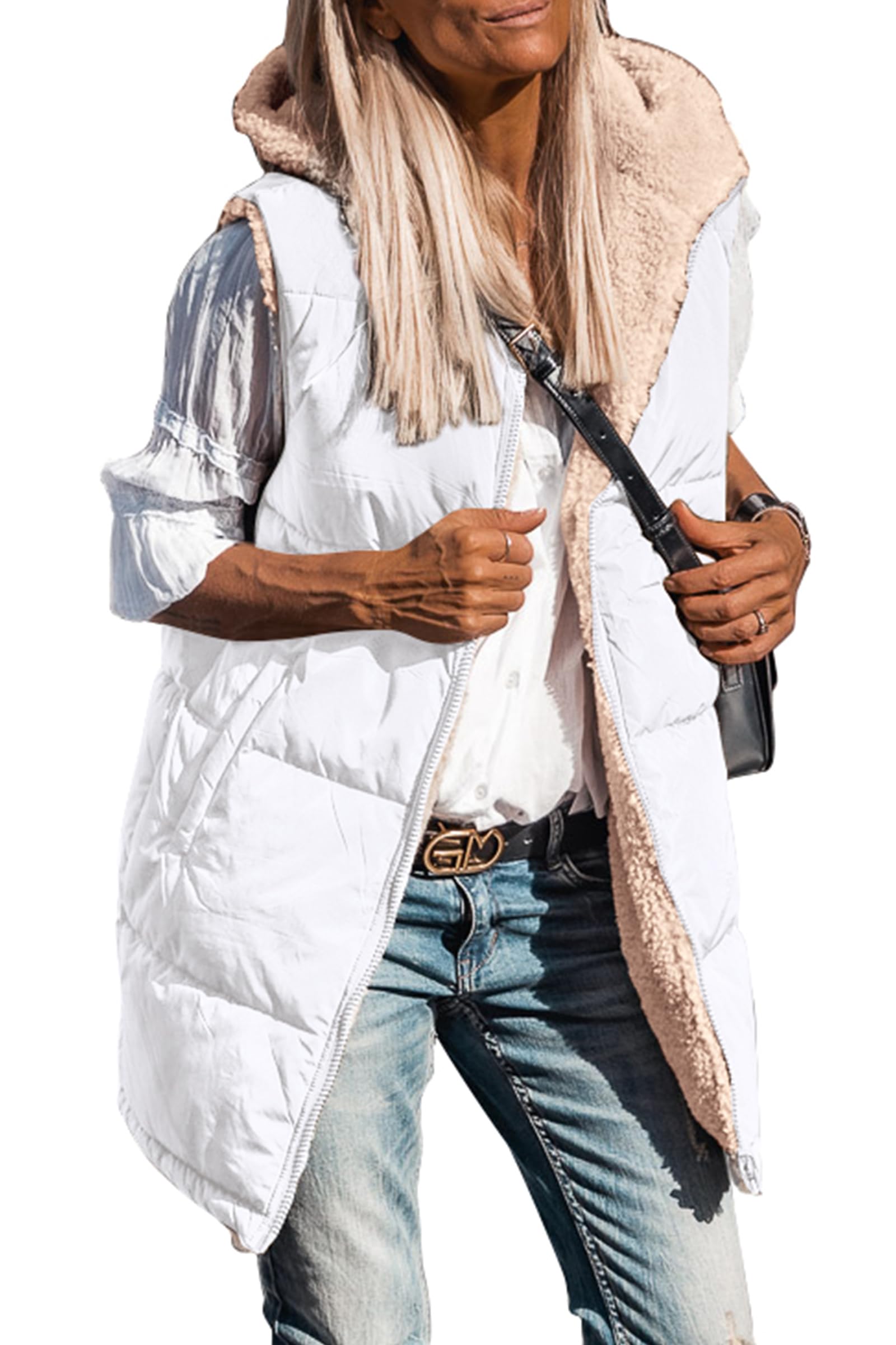 Women's Winter Reversible Fleece Long Vests(White,S)