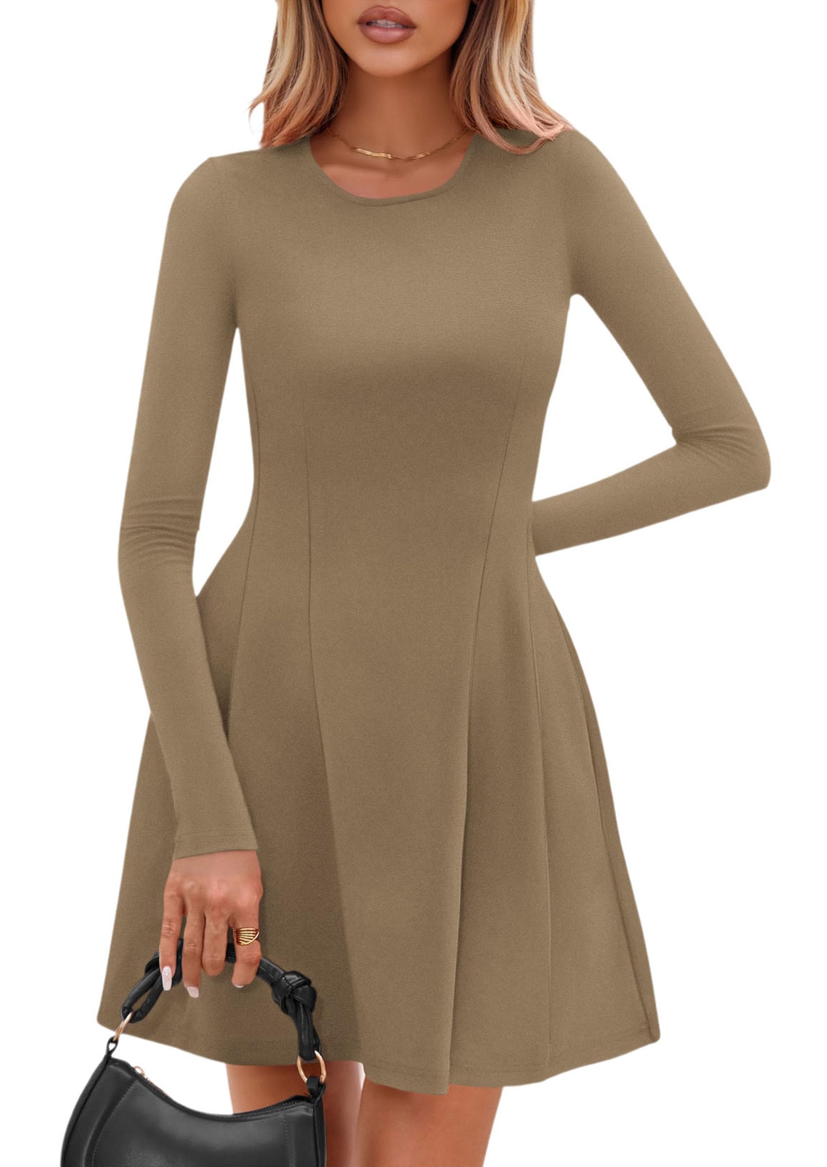 Womens Long Sleeve Pleated Mini Dress,Khaki,XS