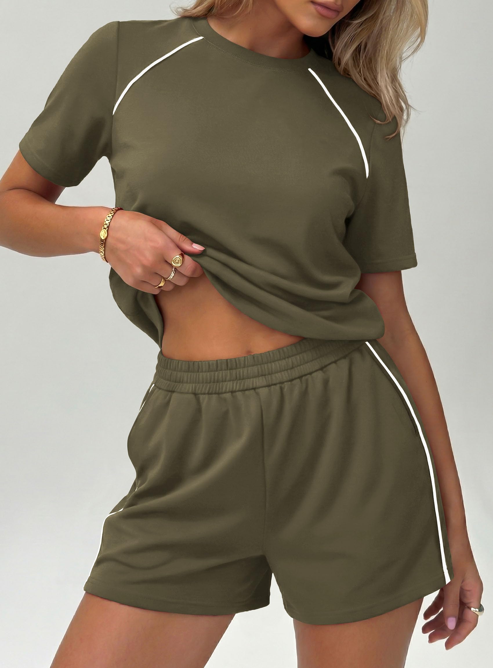 Womens 2 Piece Short Sets Casual Summer Outfits, Army Green,S