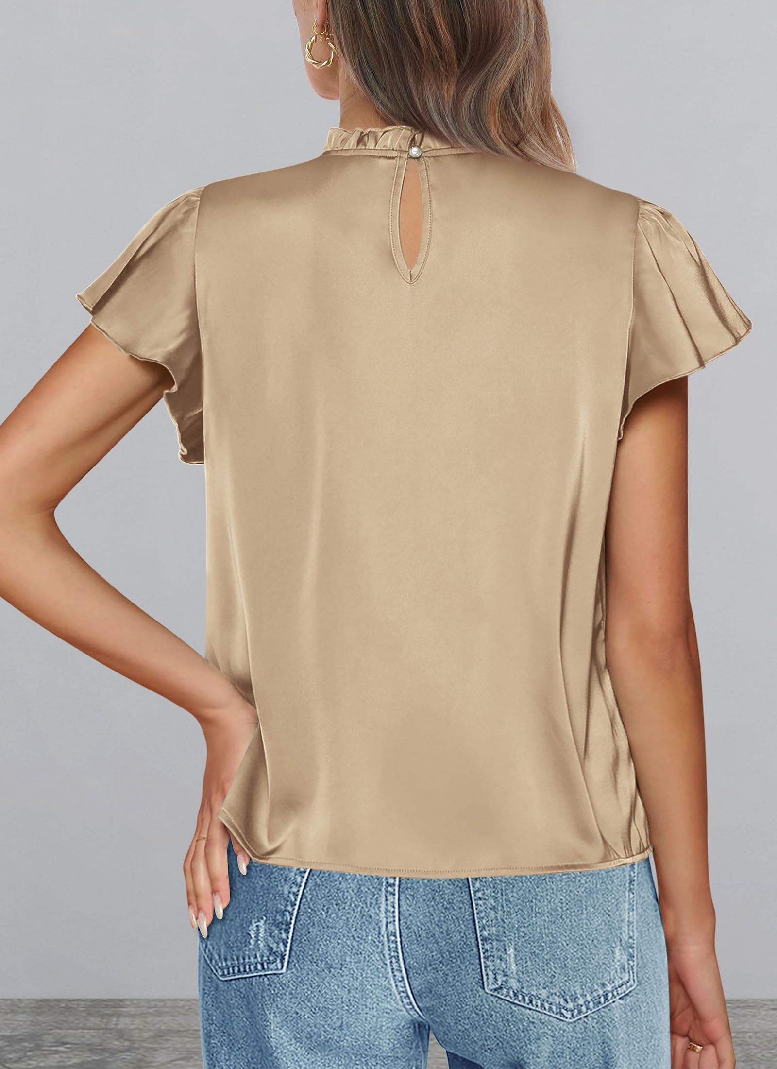 Women's Satin Tops Business Casual Work Blouses, Khaki,S