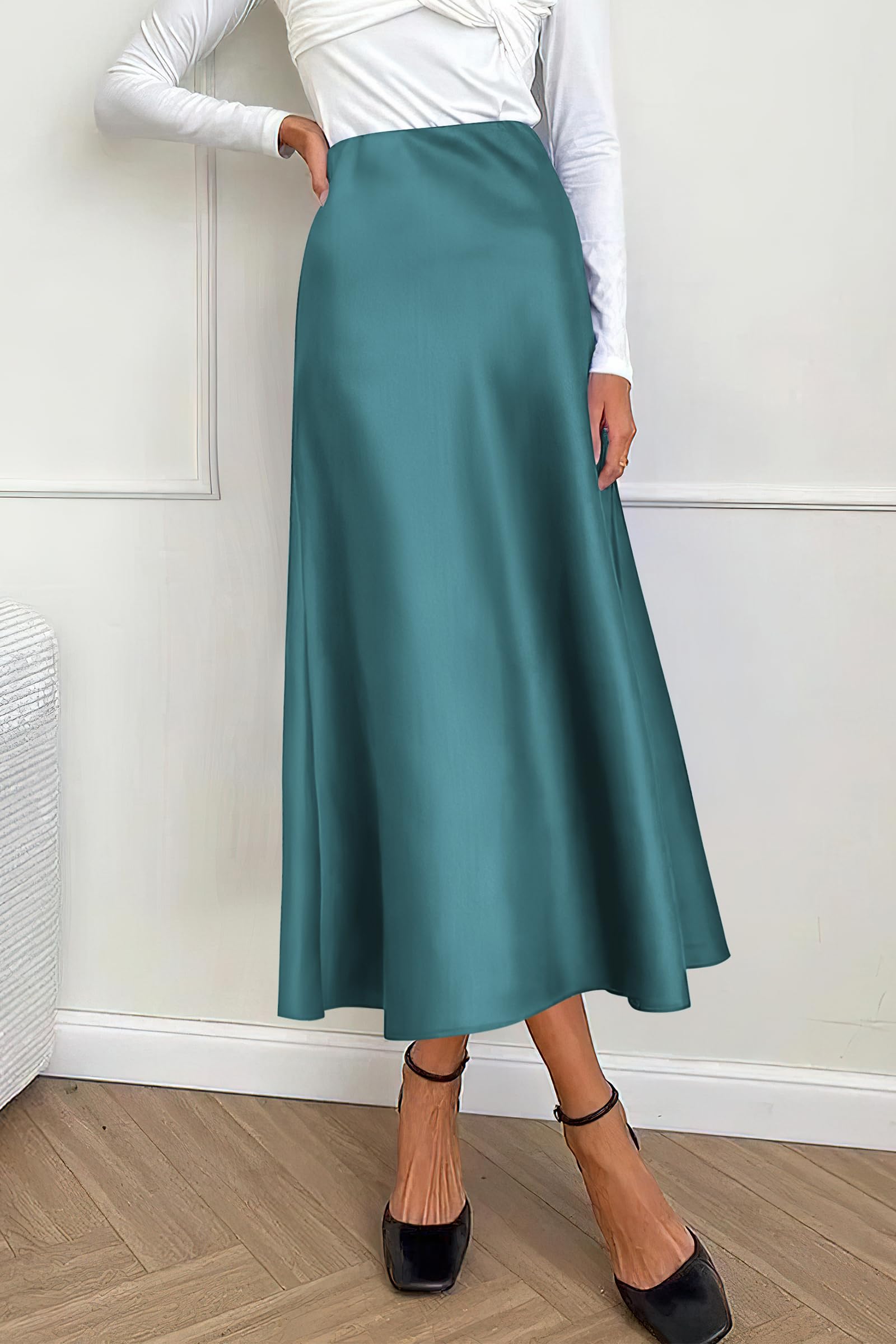 Women's Satin Midi Skirts Dressy Casual,Lake Blue,S