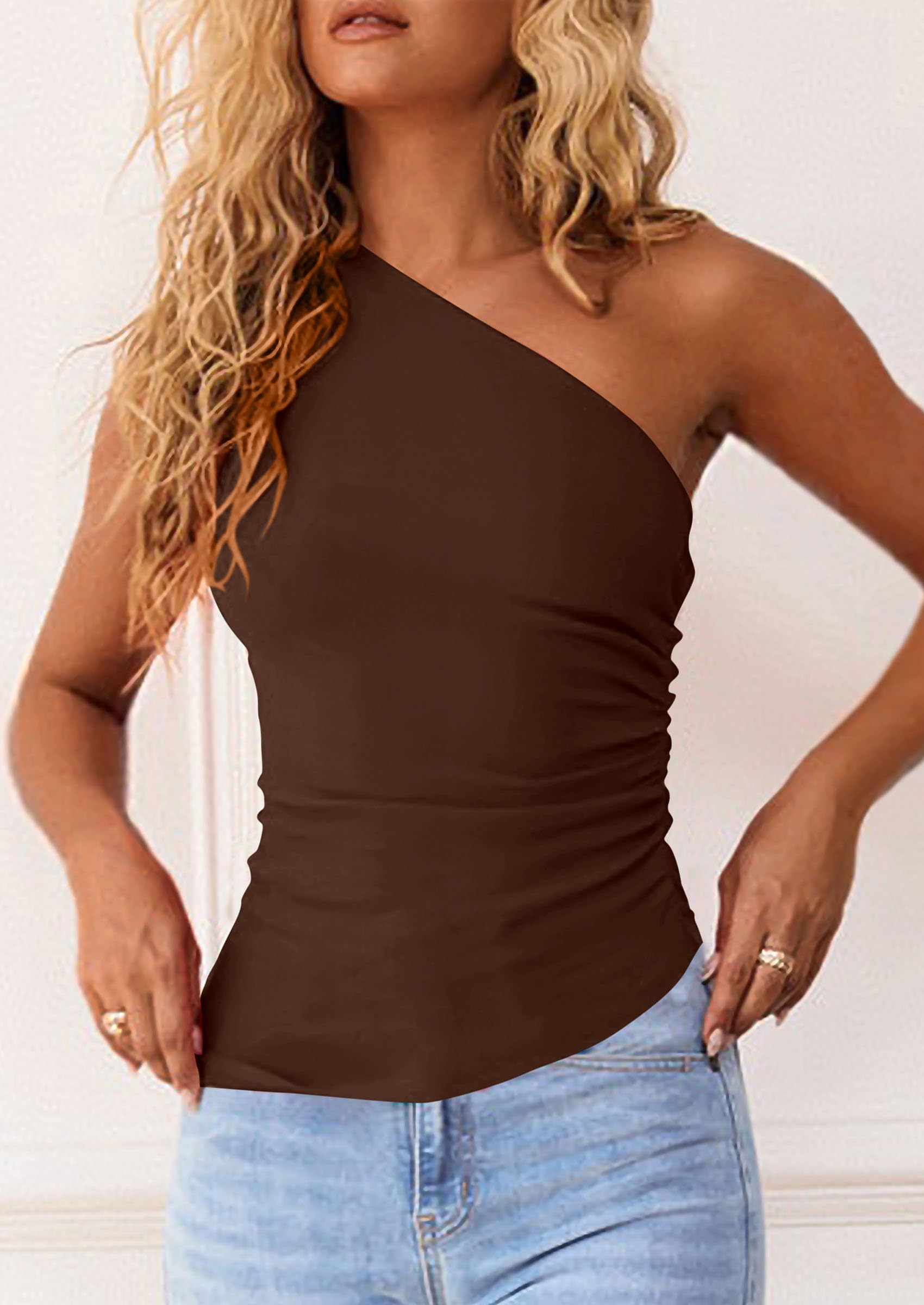 One Shoulder Summer Tops for Women,Brown,XS