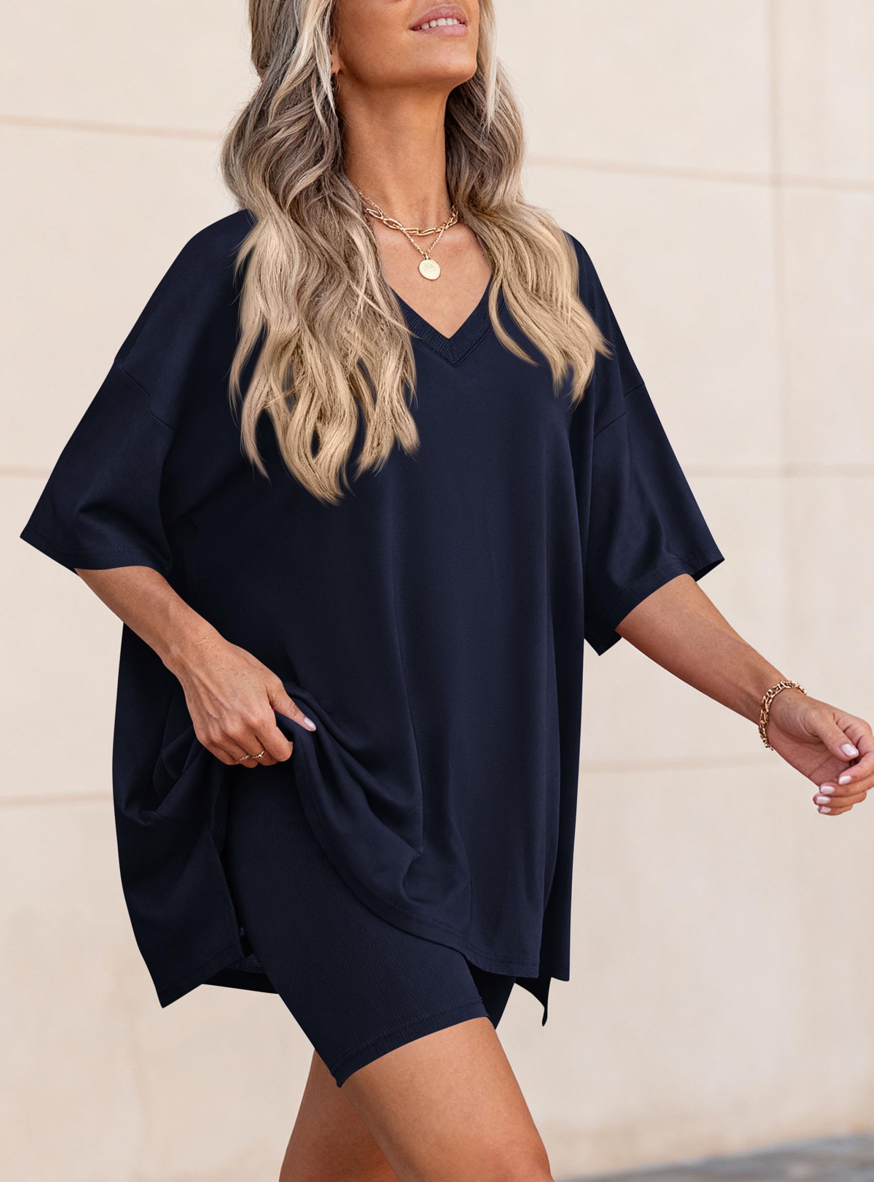 Womens 2 Piece Outfit Lounge Short Sets,Navy,S
