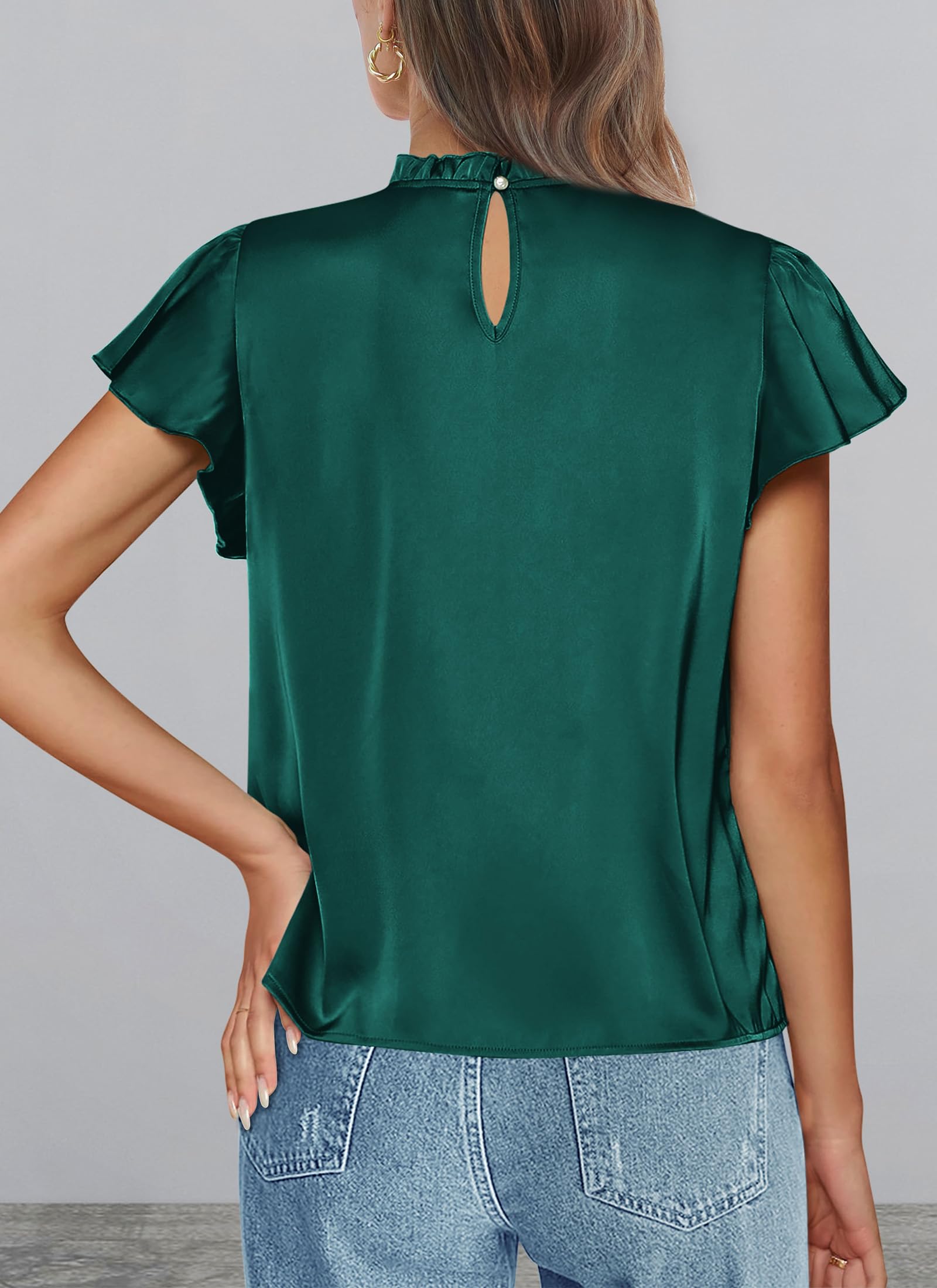 Women's Satin Tops Business Casual Work Blouses, Dark Green,S