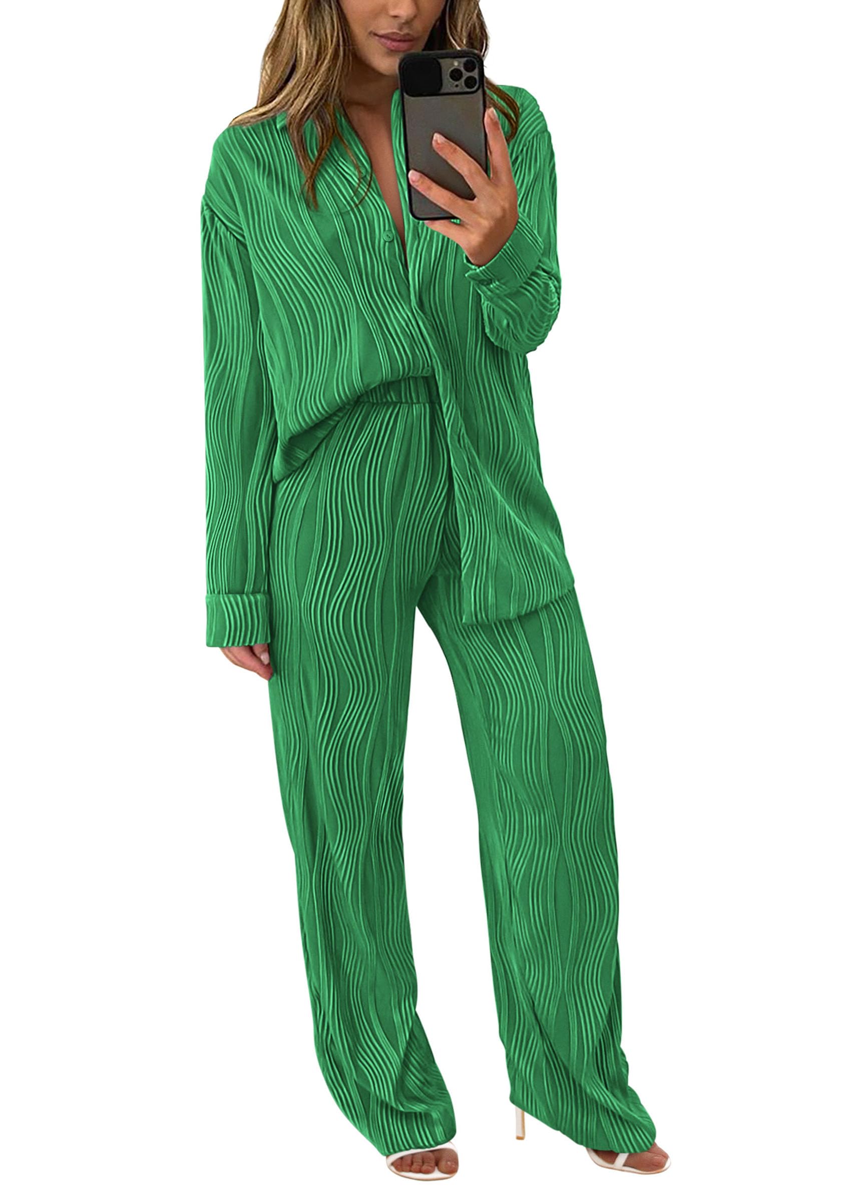 Womens 2 Piece Sets Button Down Lounge Tracksuit,Green,S