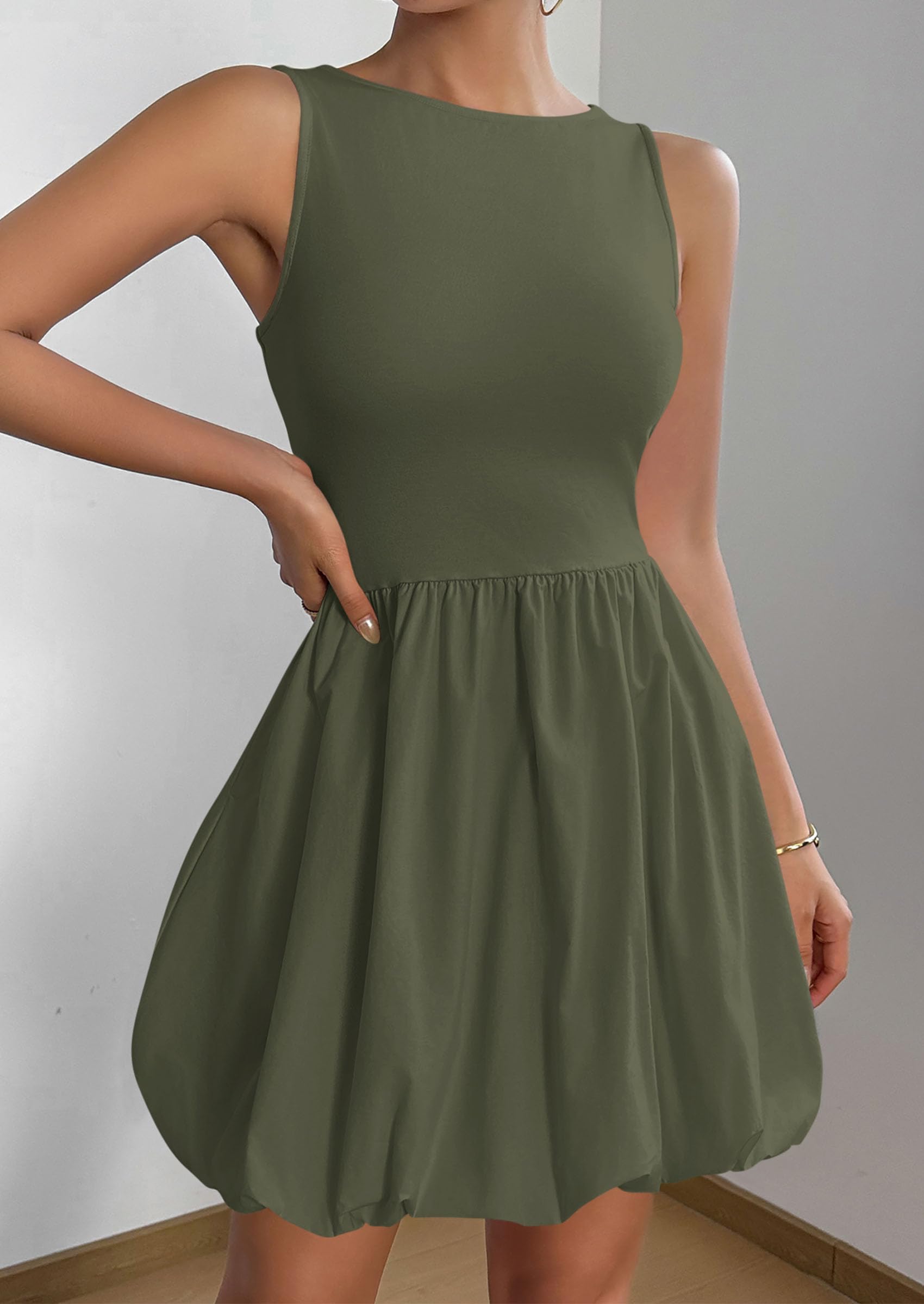 Womens Summer Bubble Sleeveless Mini Dress,Army Green,S