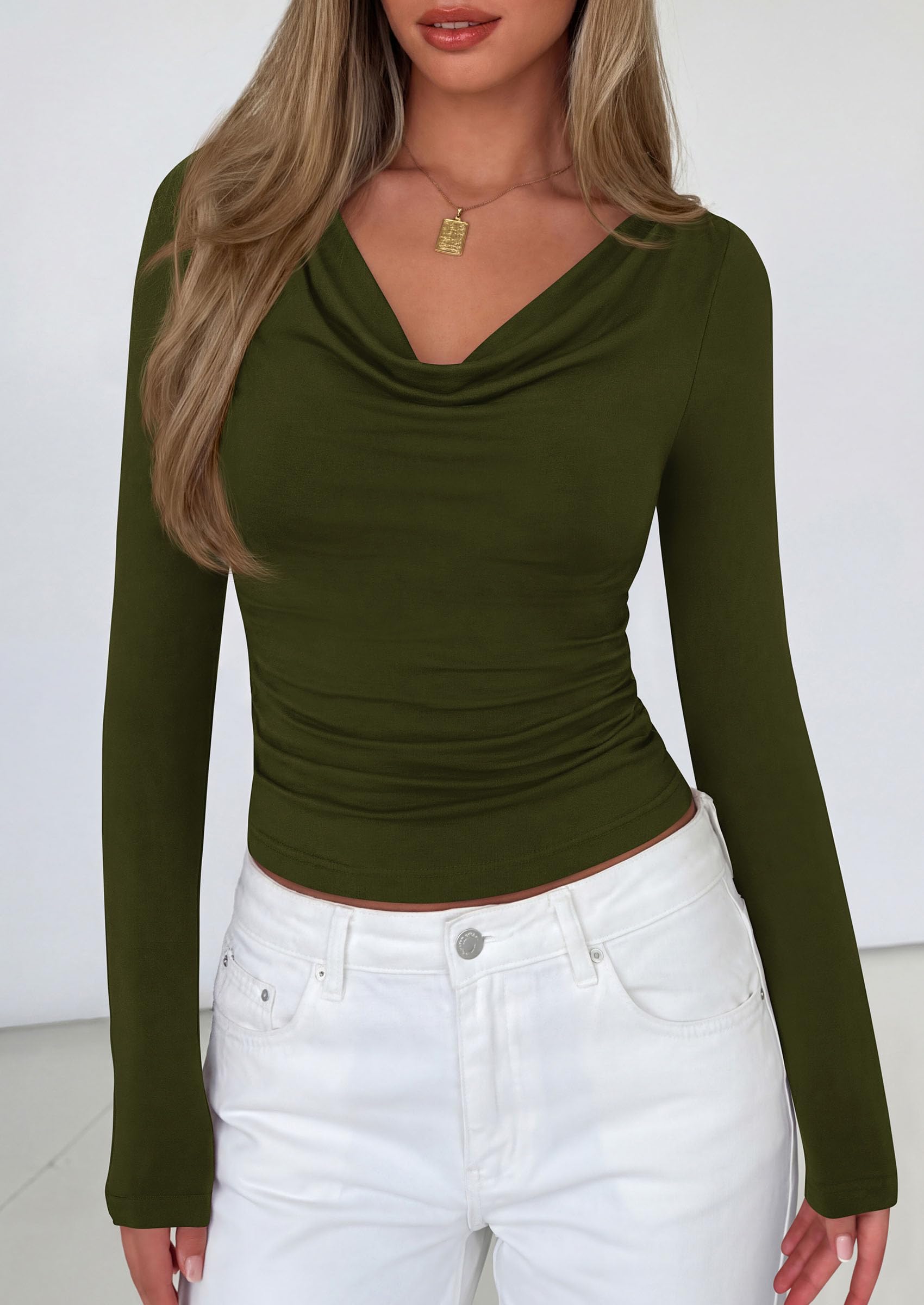 Women's Cowl Neck Long Sleeve Shirts (Army Green,XS)