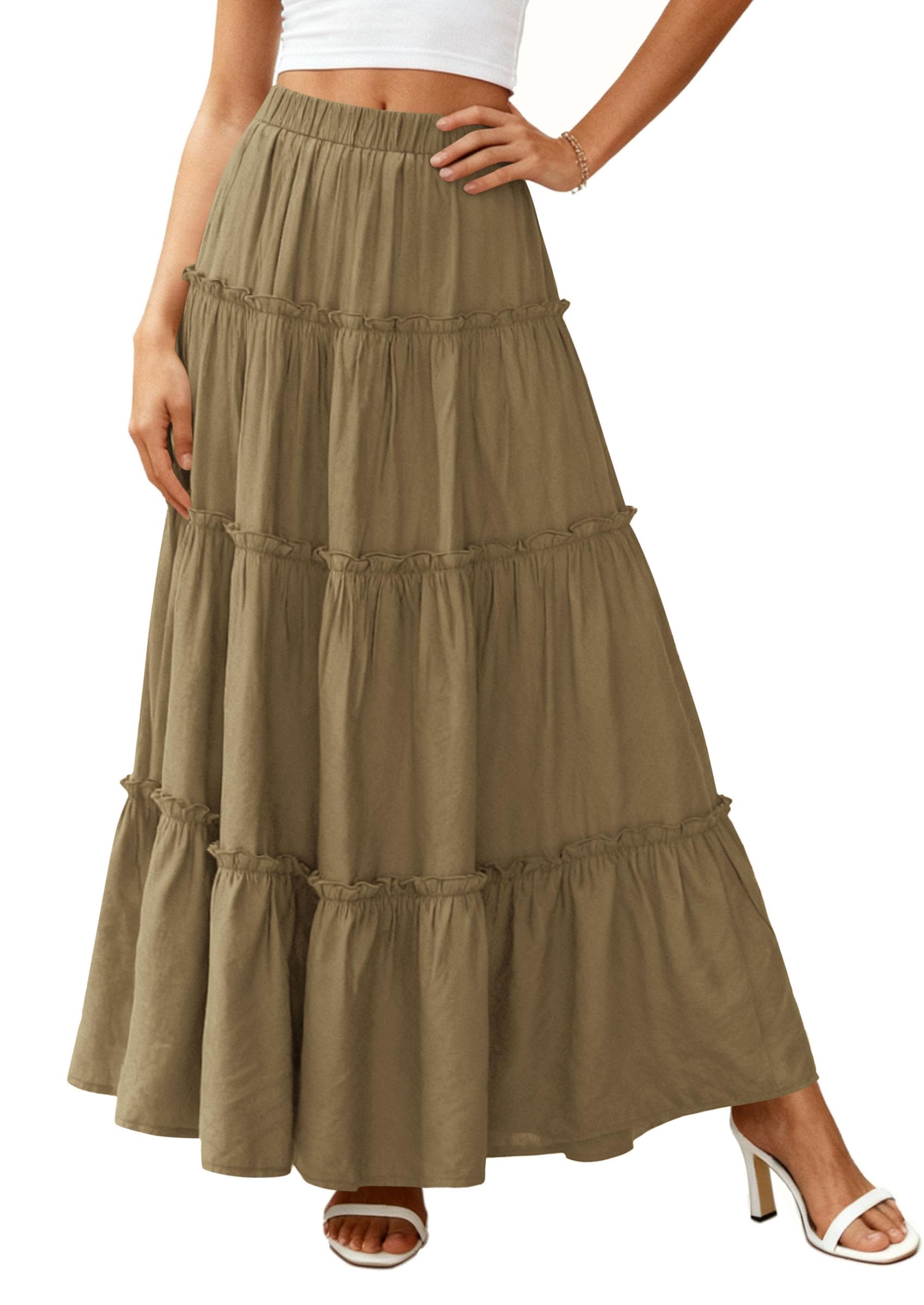 Women's Boho Tiered Ruffle Flowy Maxi Skirt, Army Green,S