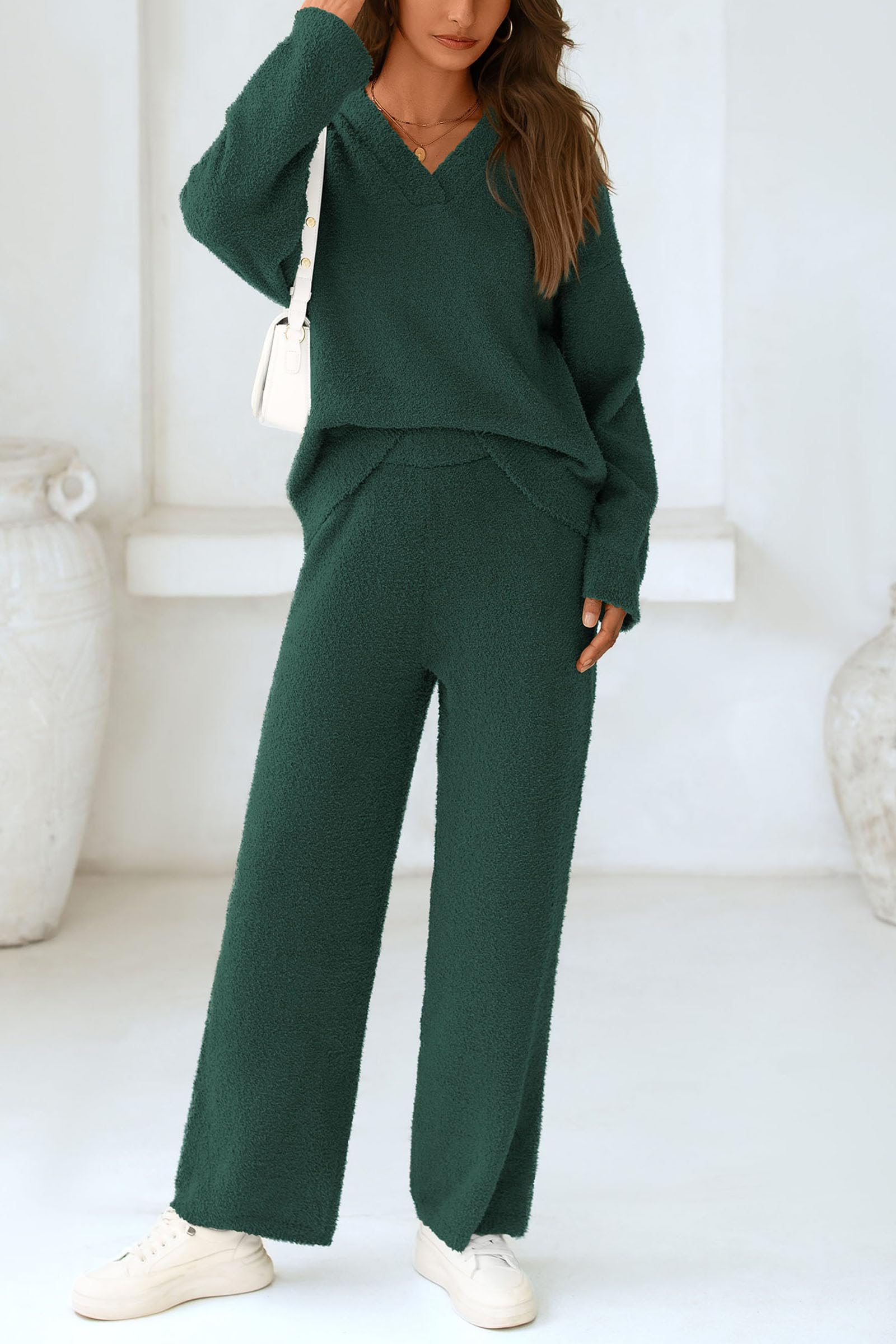 Lounge Sets for Women Fall 2 Piece Fuzzy Sweater Pajama Set
