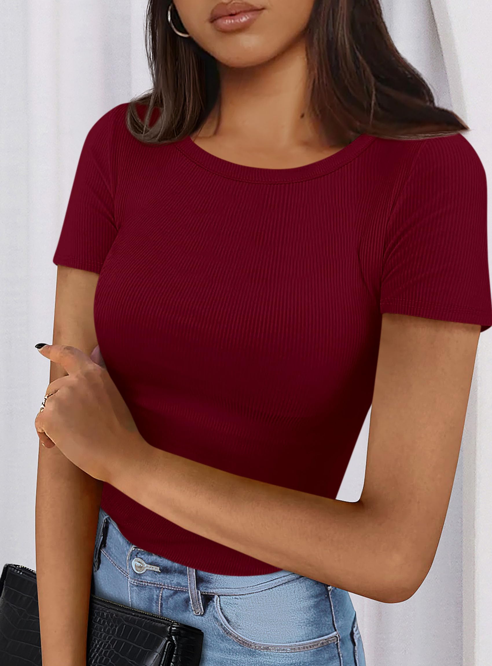 Womens Short Sleeve Slim Fit Basic Shirts,Wine Red,XS
