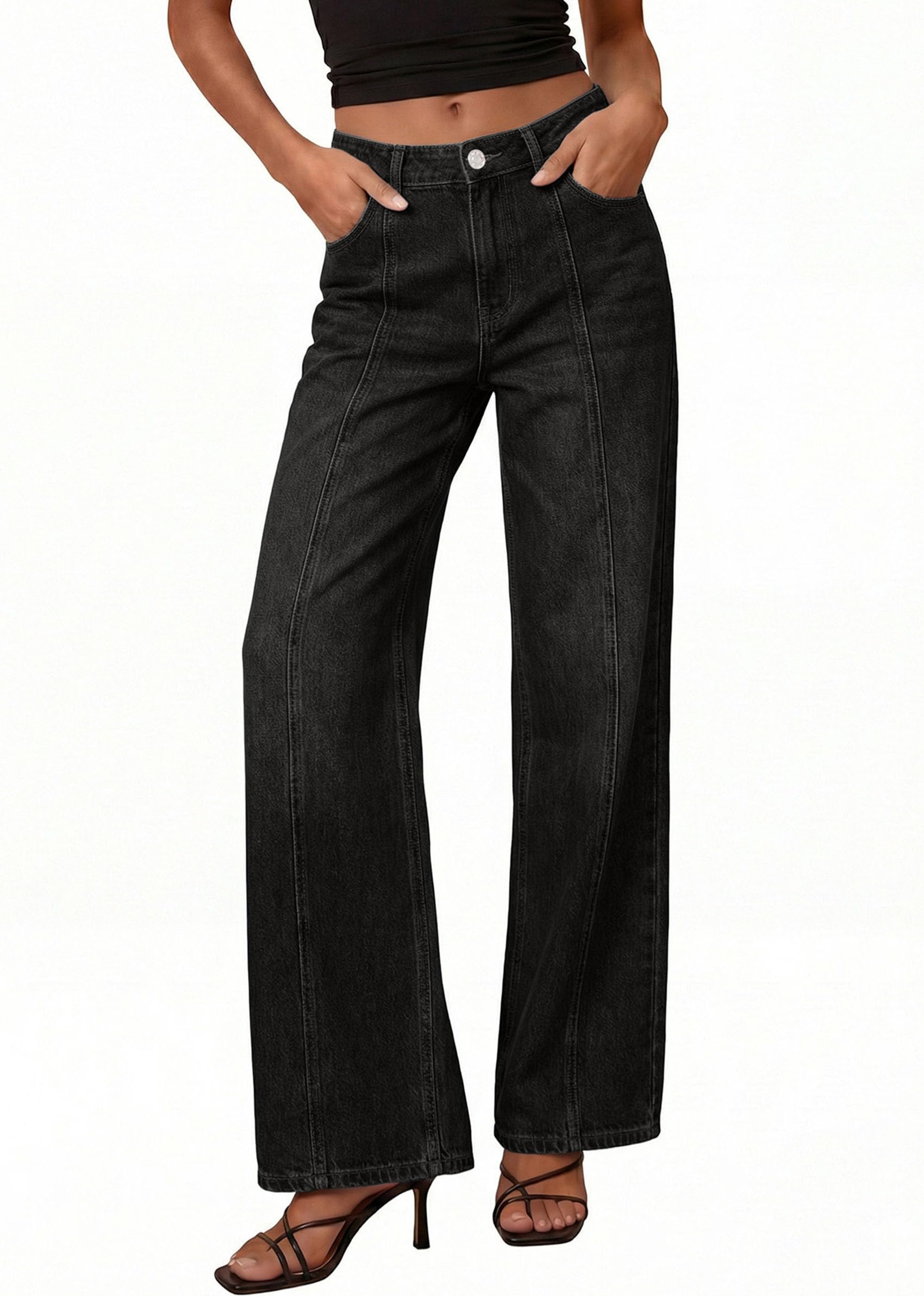 Women's Wide Leg Jeans Stretchy Baggy Denim Pants,Black,4